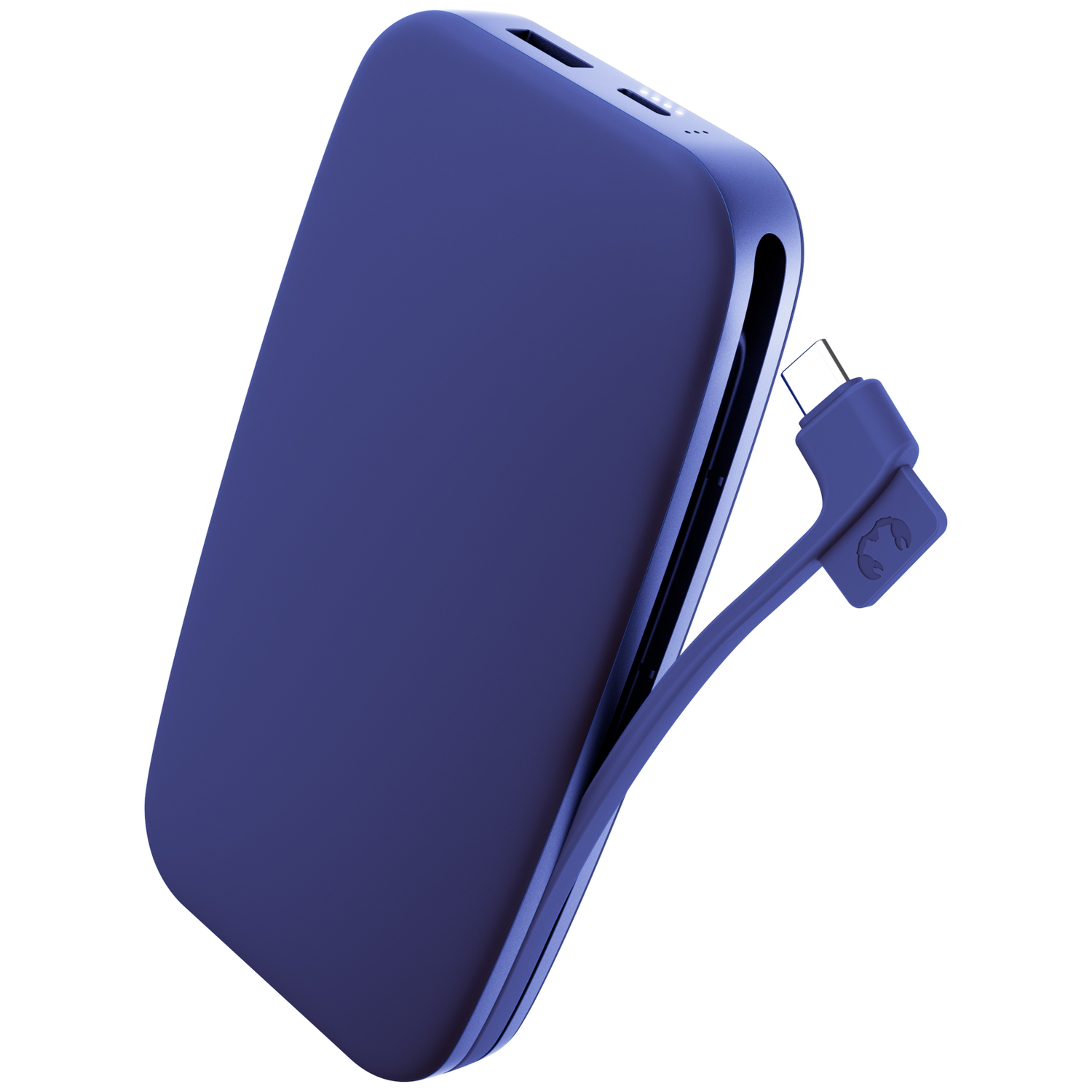 Une batterie externe bleue aux coins arrondis avec un câble de charge intégré sur fond blanc.