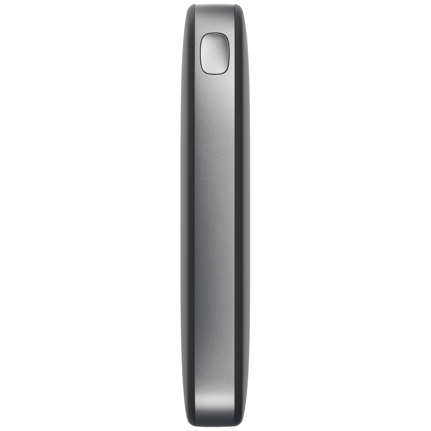 Une batterie externe grise, élégante et verticale, aux bords arrondis et un bouton de commande supérieur sur fond blanc.