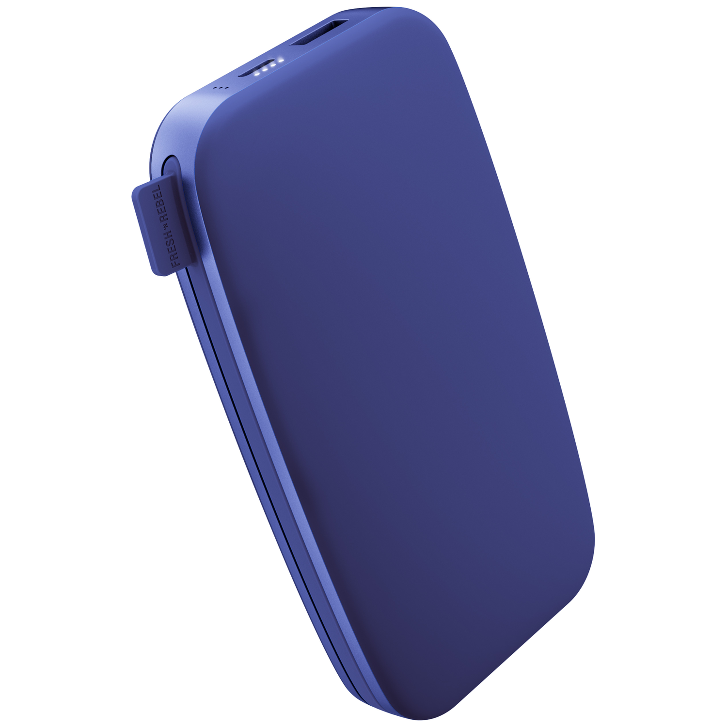 Une batterie externe bleue aux coins arrondis, avec des ports sur le dessus et une petite étiquette sur le côté.