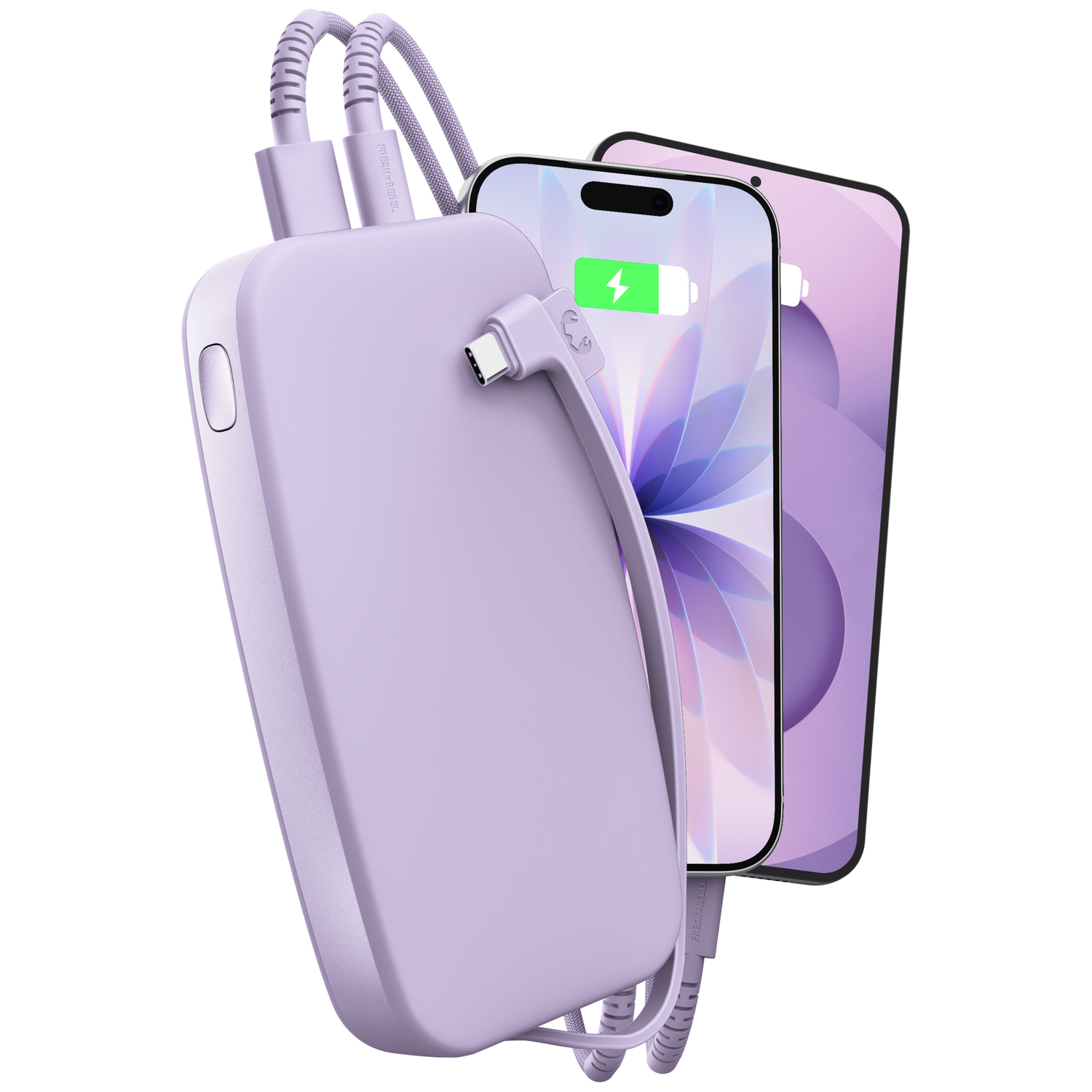 Une batterie externe mauve clair avec câbles connectés chargeant deux smartphones sur fond blanc.