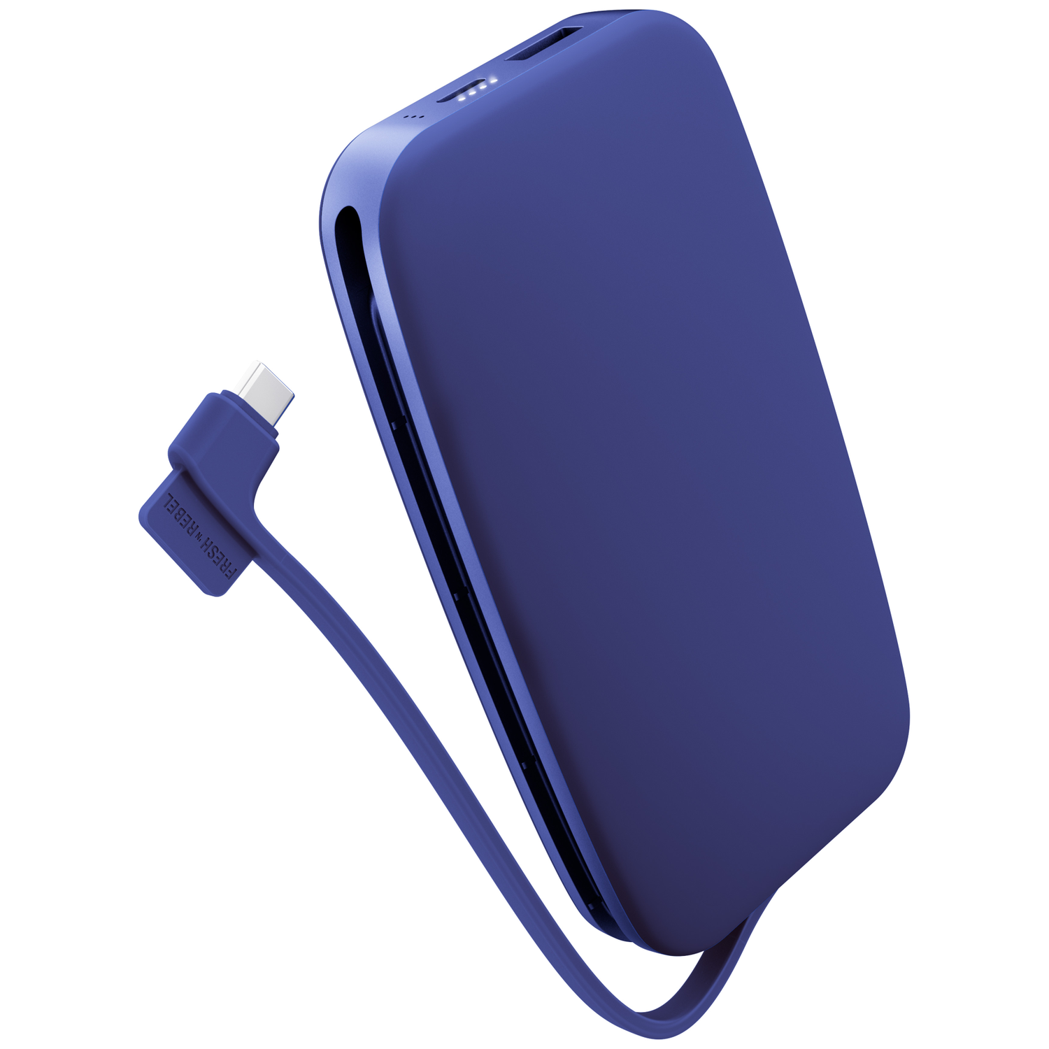 Une batterie externe bleue avec un câble de charge intégré sur fond blanc.