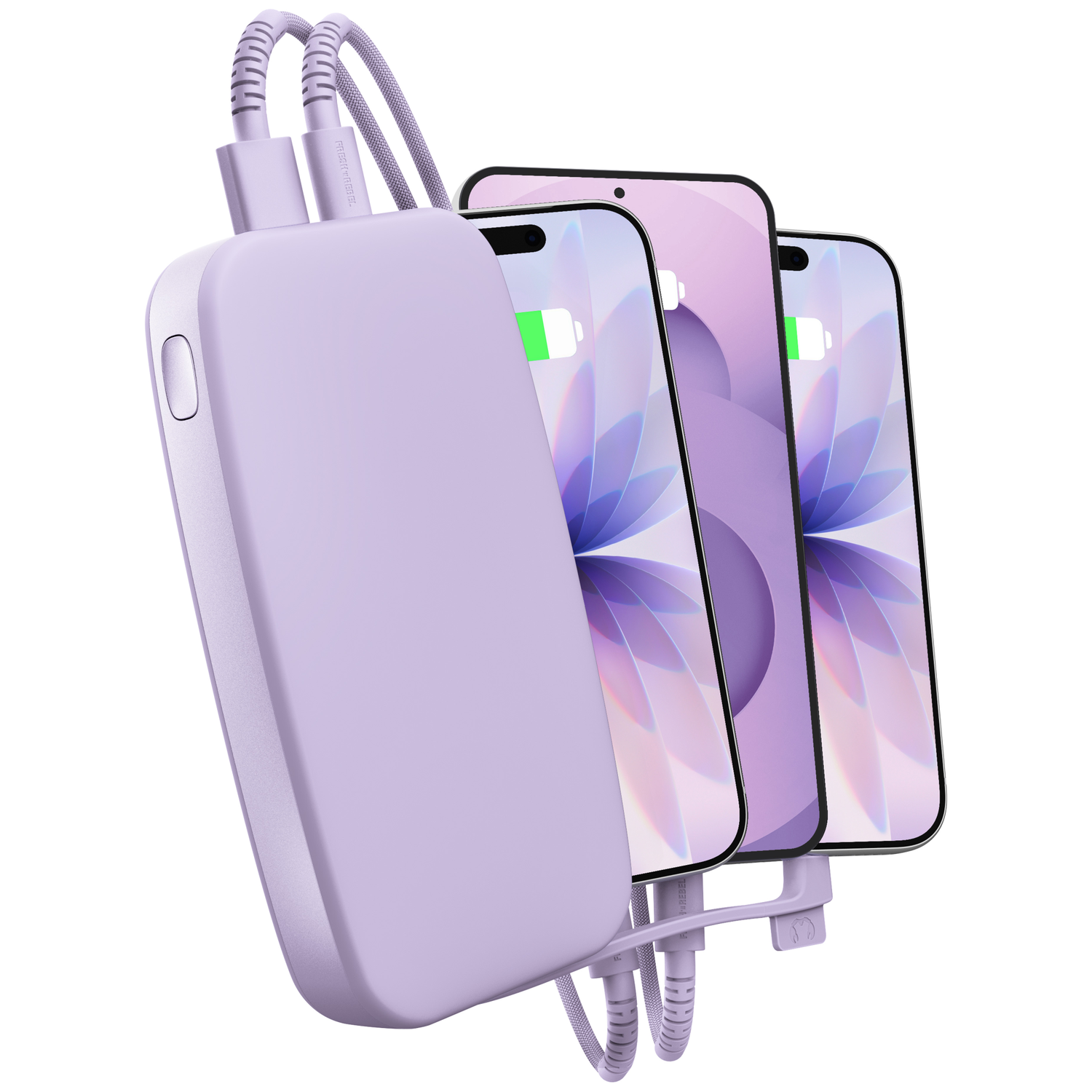 Une batterie externe violette chargeant trois smartphones simultanément.