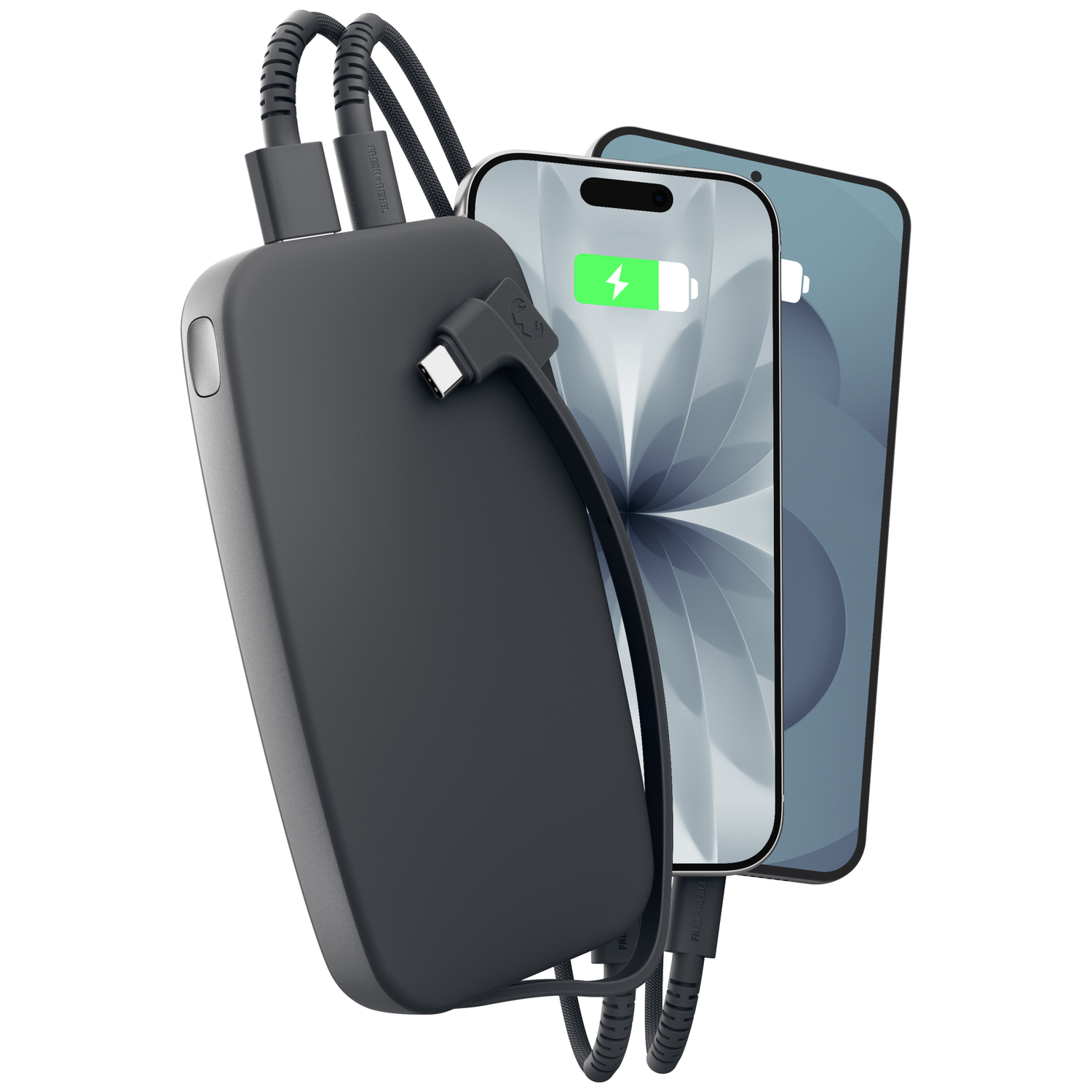 Une batterie externe noire charge deux smartphones avec des câbles.
