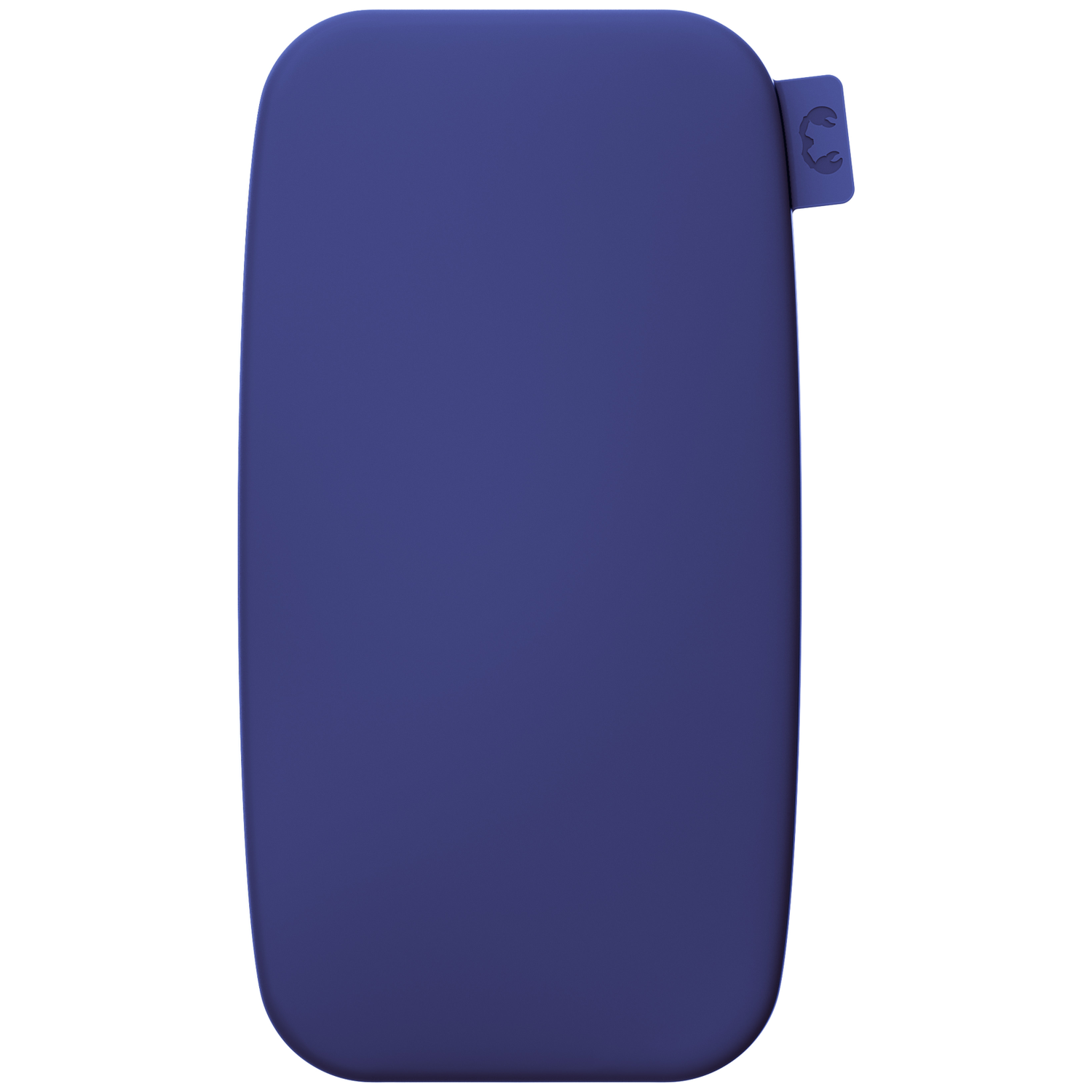 Un étui en silicone rectangulaire bleu foncé aux coins arrondis, avec une petite languette arborant un logo.