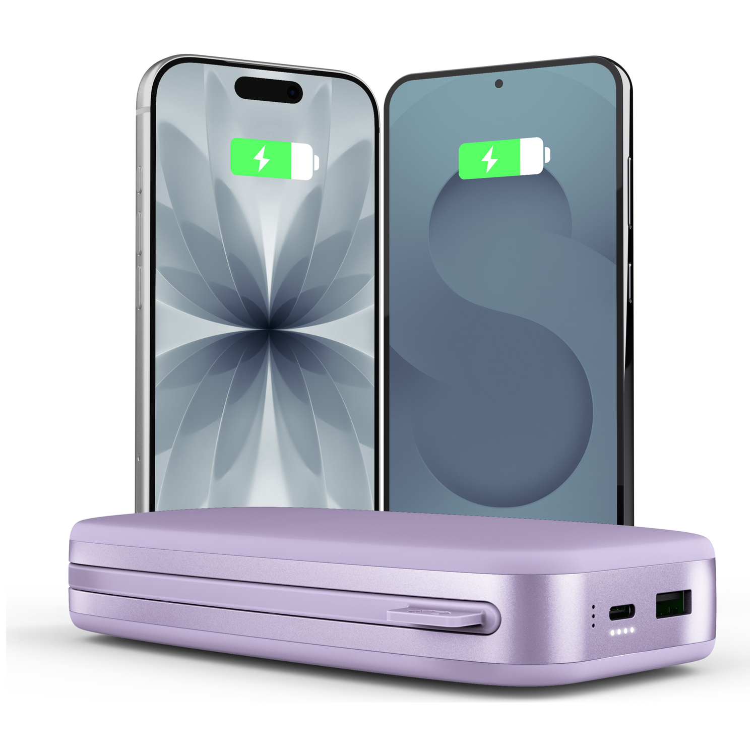Une batterie externe violette est placée devant deux smartphones affichant des icônes de charge.