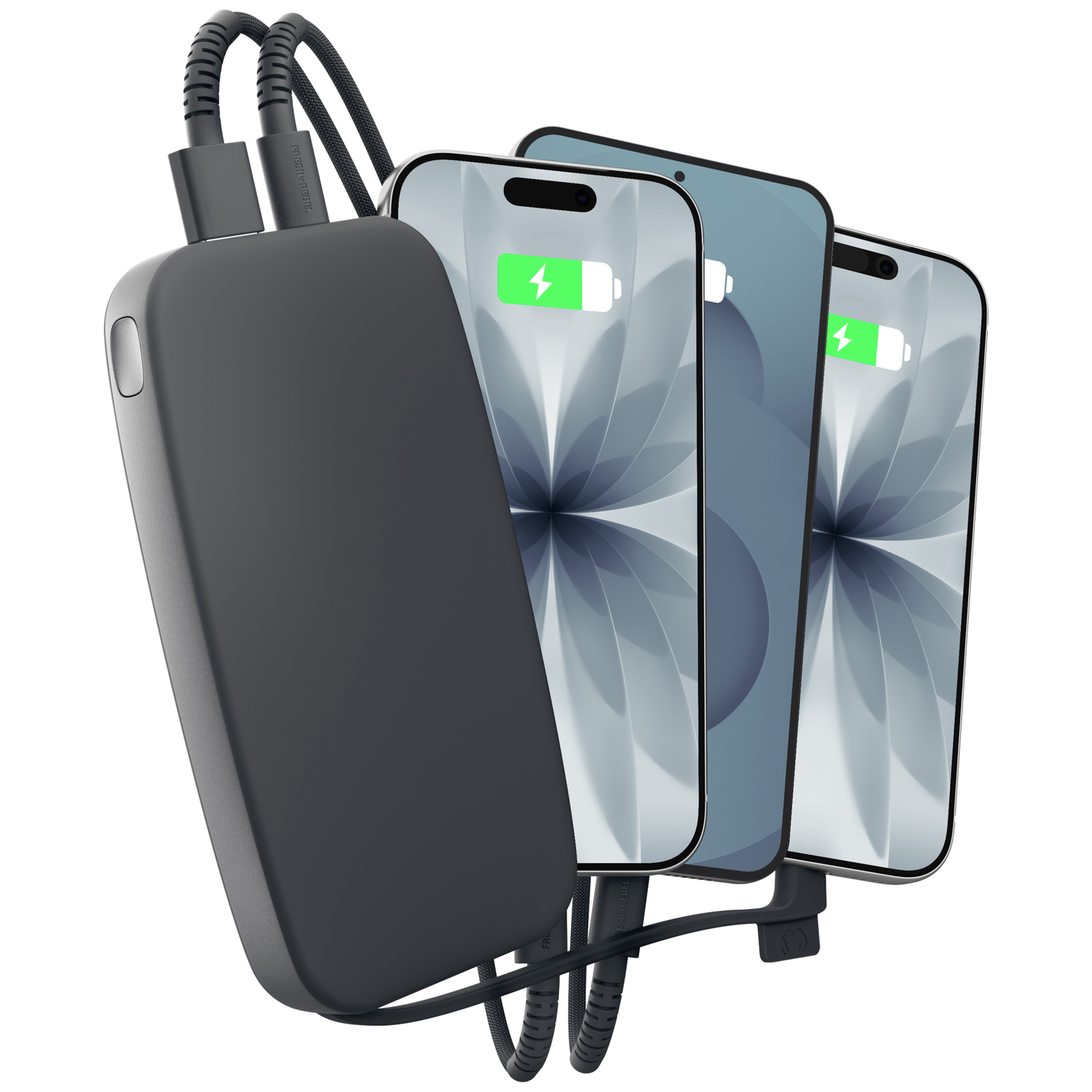 Une batterie externe noire charge trois smartphones simultanément, chacun affichant une icône de charge verte.