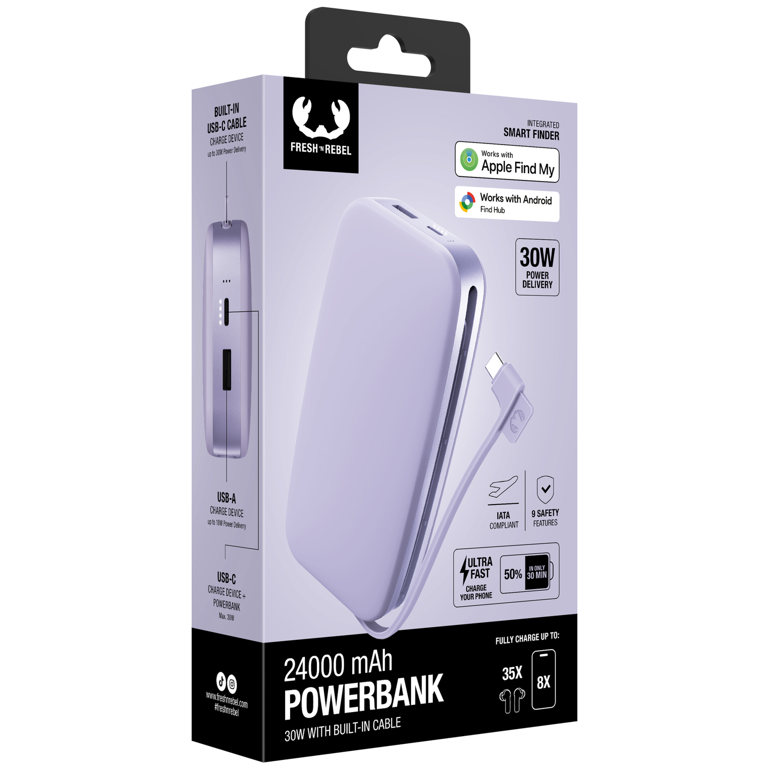 Batterie externe Fresh 'n Rebel violette dans son emballage, avec câble USB-C intégré et 24000 mAh.