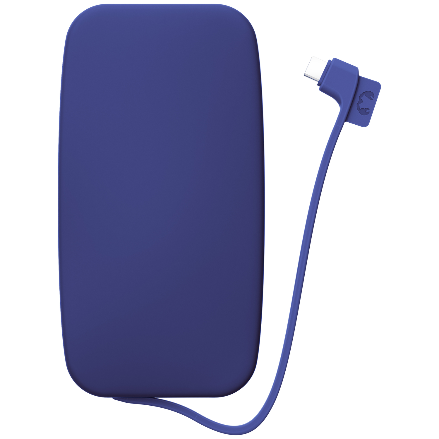 Batterie externe bleue aux coins arrondis avec un câble USB-C bleu attaché sur fond blanc.