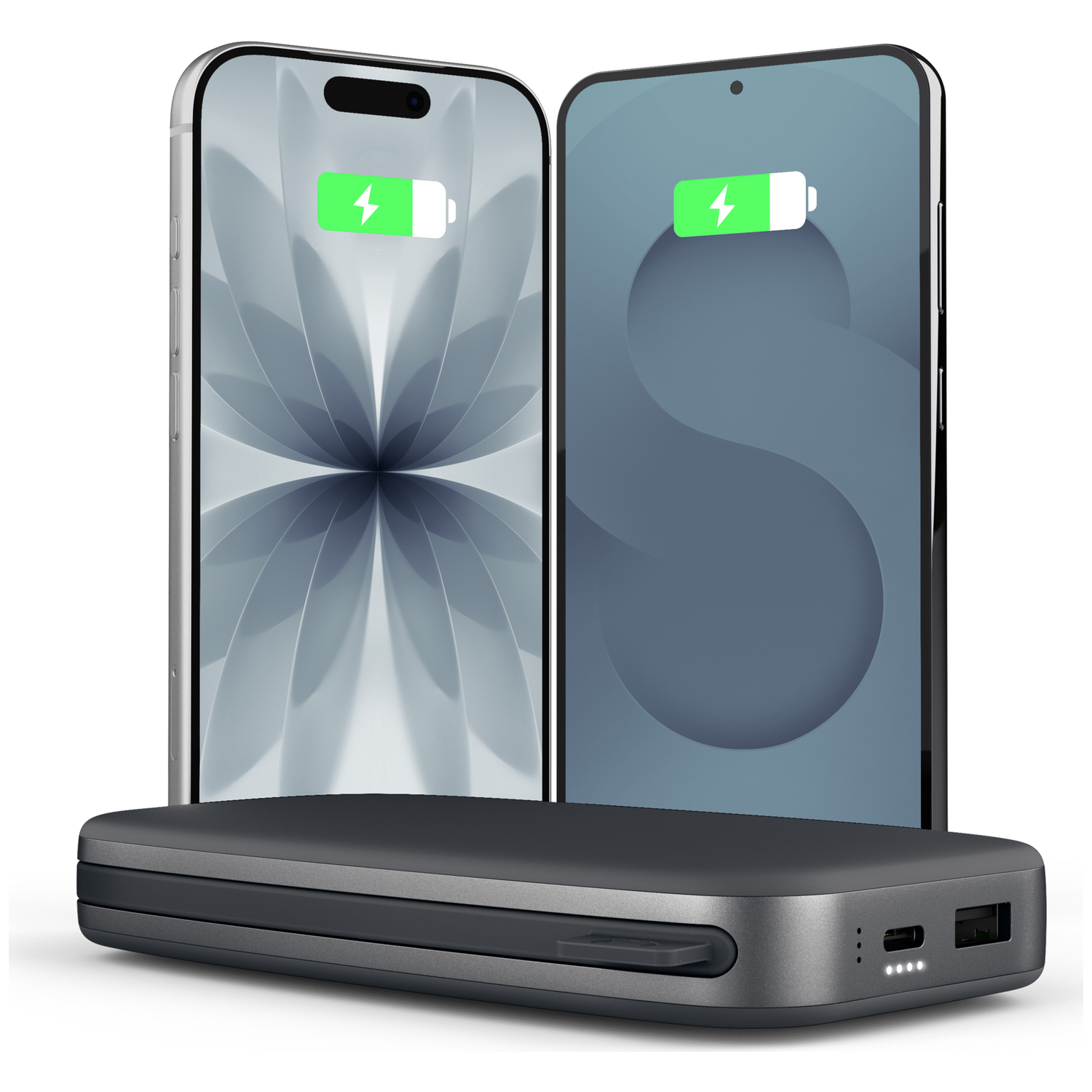 Deux smartphones avec icônes de charge reposent sur une batterie externe grise sur fond blanc.