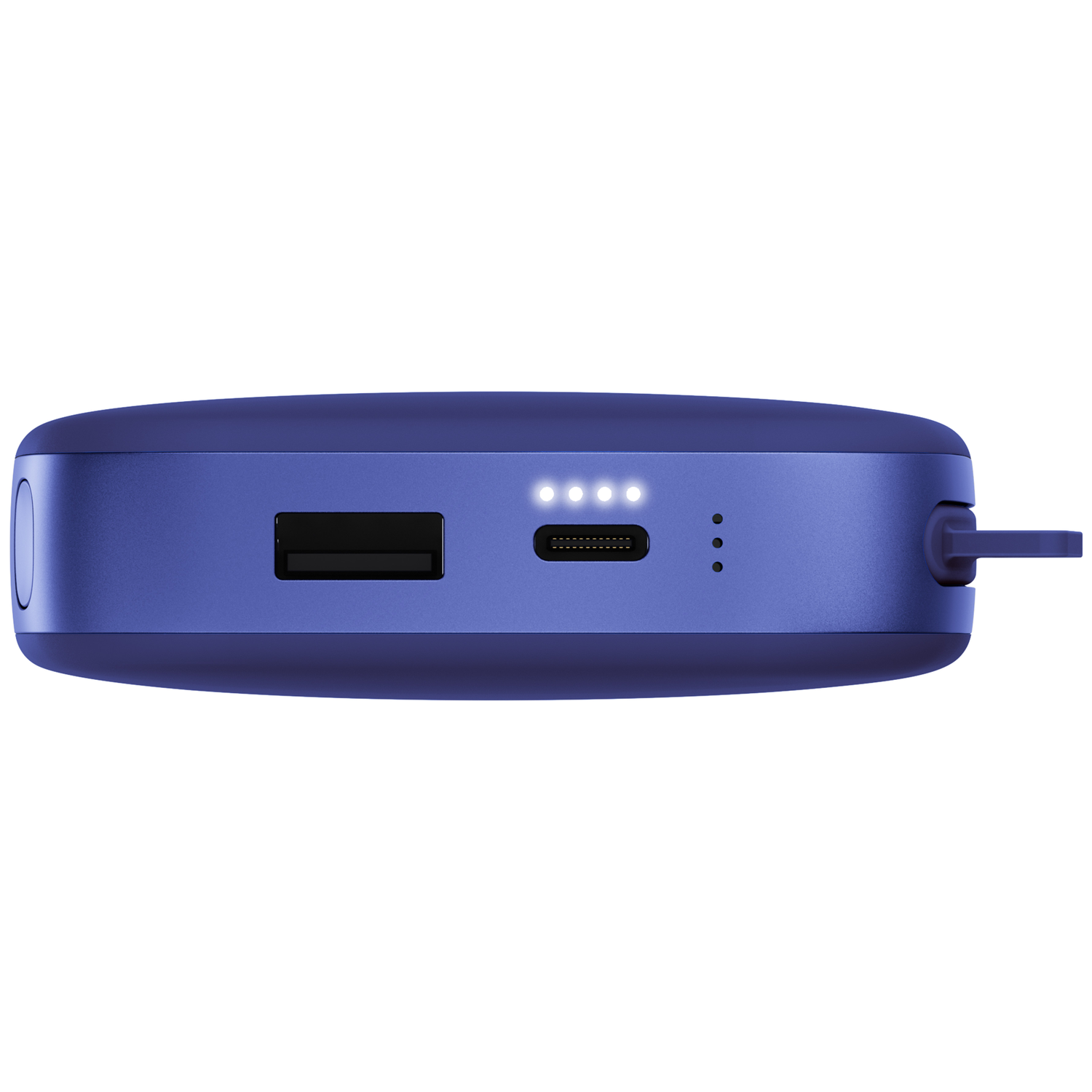 Batterie externe bleue avec ports USB-A et USB-C et quatre LED d'état lumineuses.
