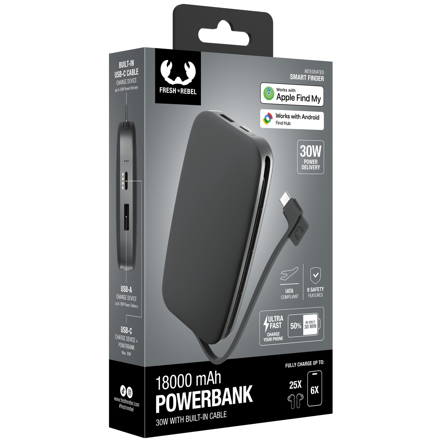 Emballage d'une batterie externe grise de 18 000 mAh avec câble intégré et Apple Find My.