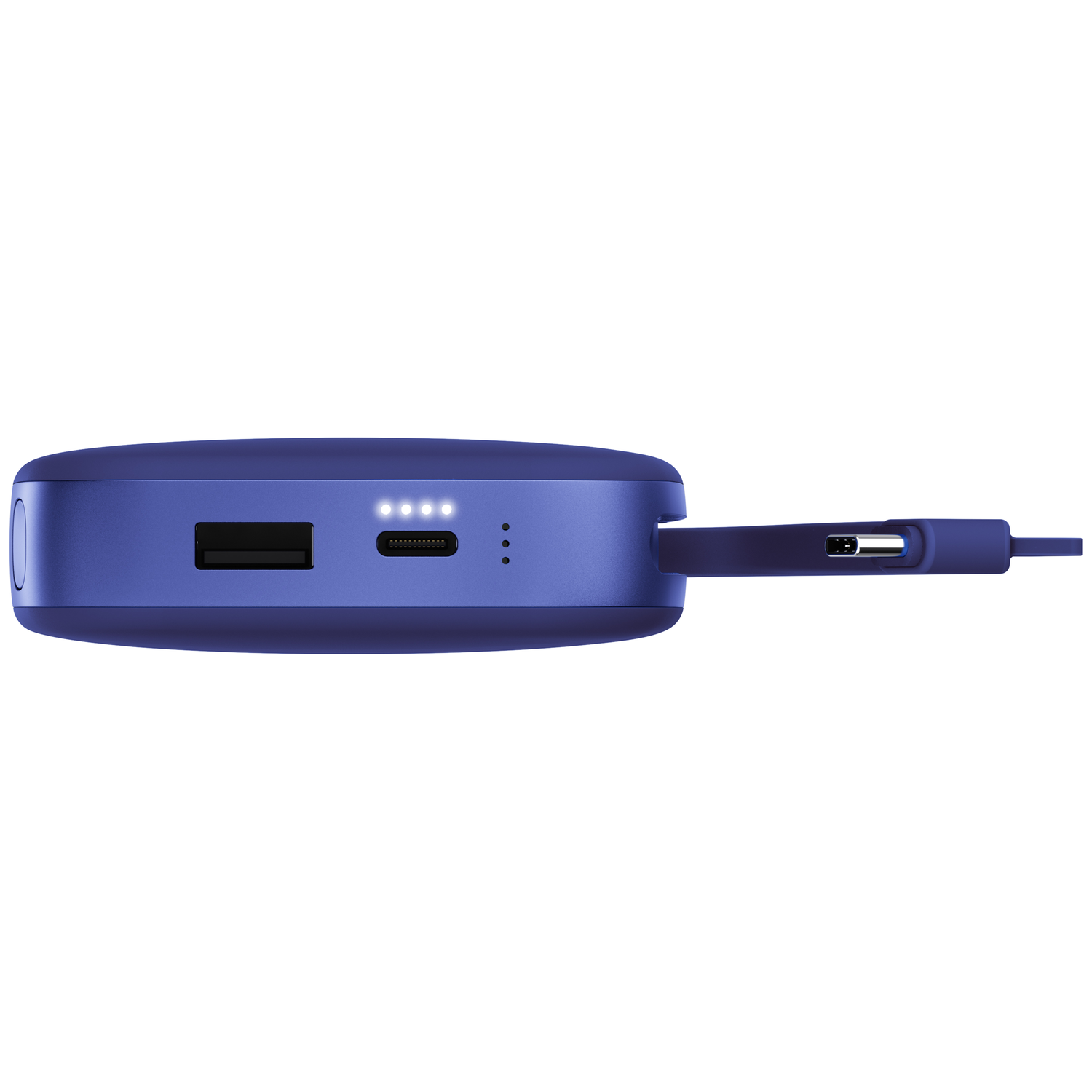Une batterie externe bleue avec un port USB, un port type-C, quatre voyants et un câble.