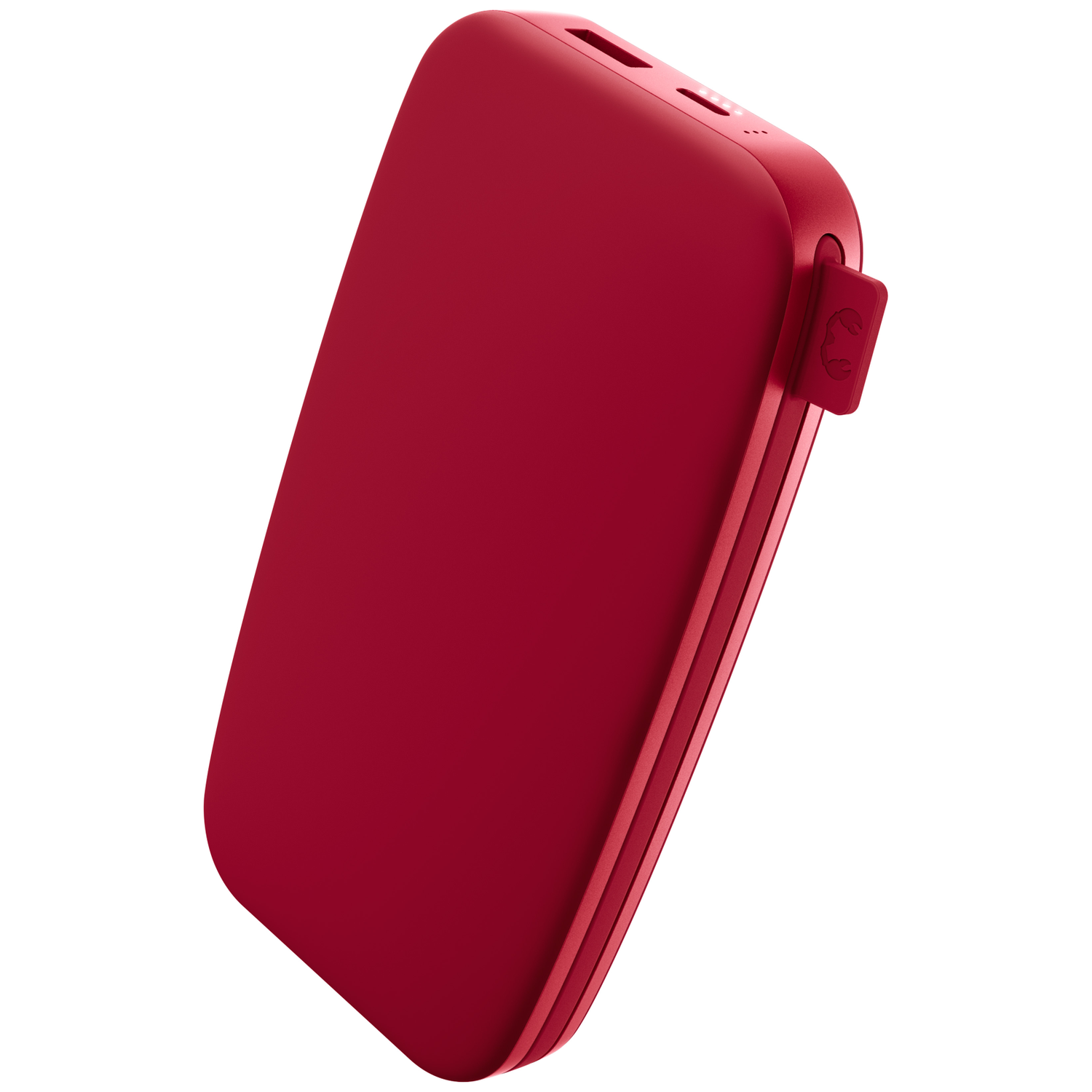 Batterie externe portable rouge avec des coins arrondis et des ports.