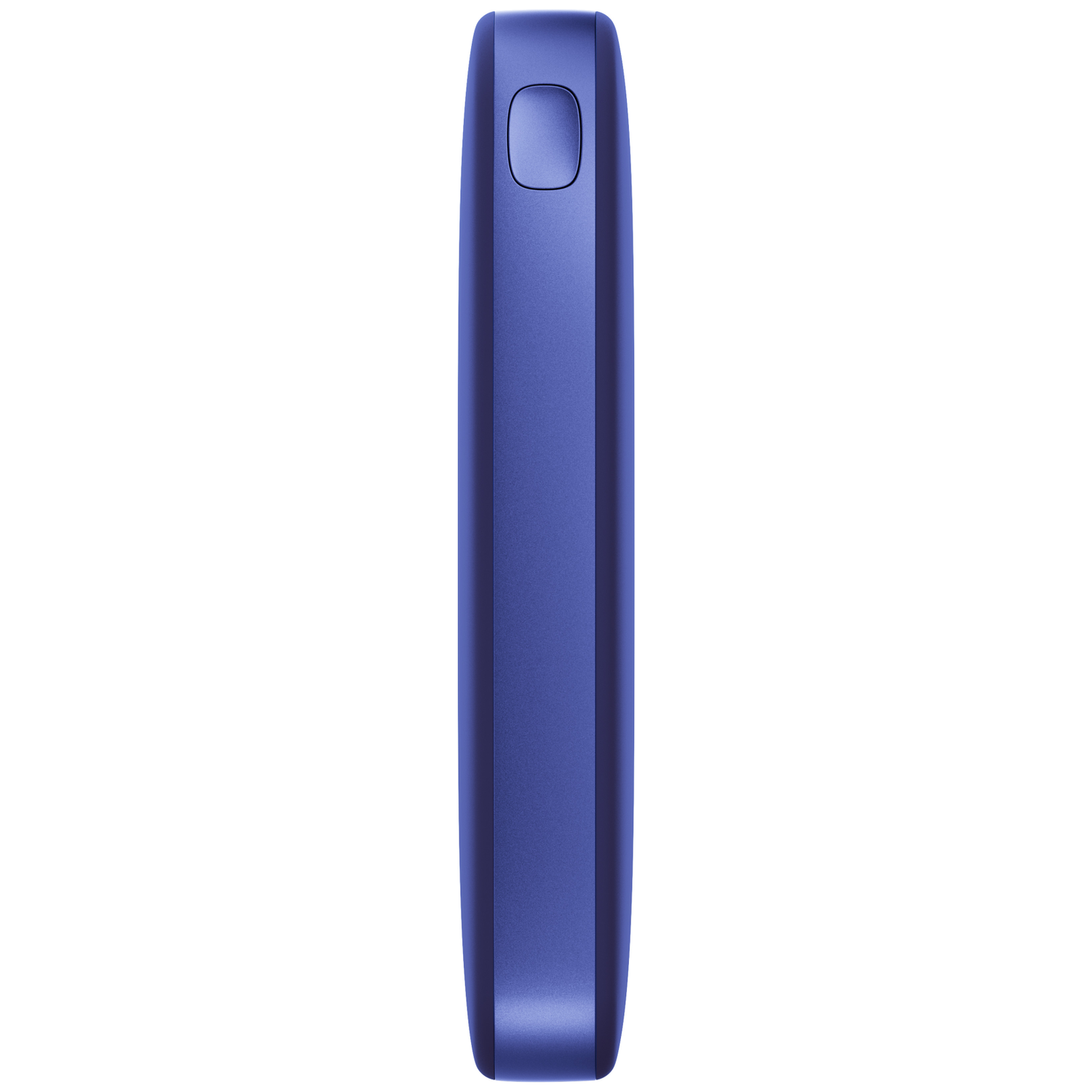 Vue latérale d'un appareil électronique bleu allongé avec un bouton oblong près du sommet.