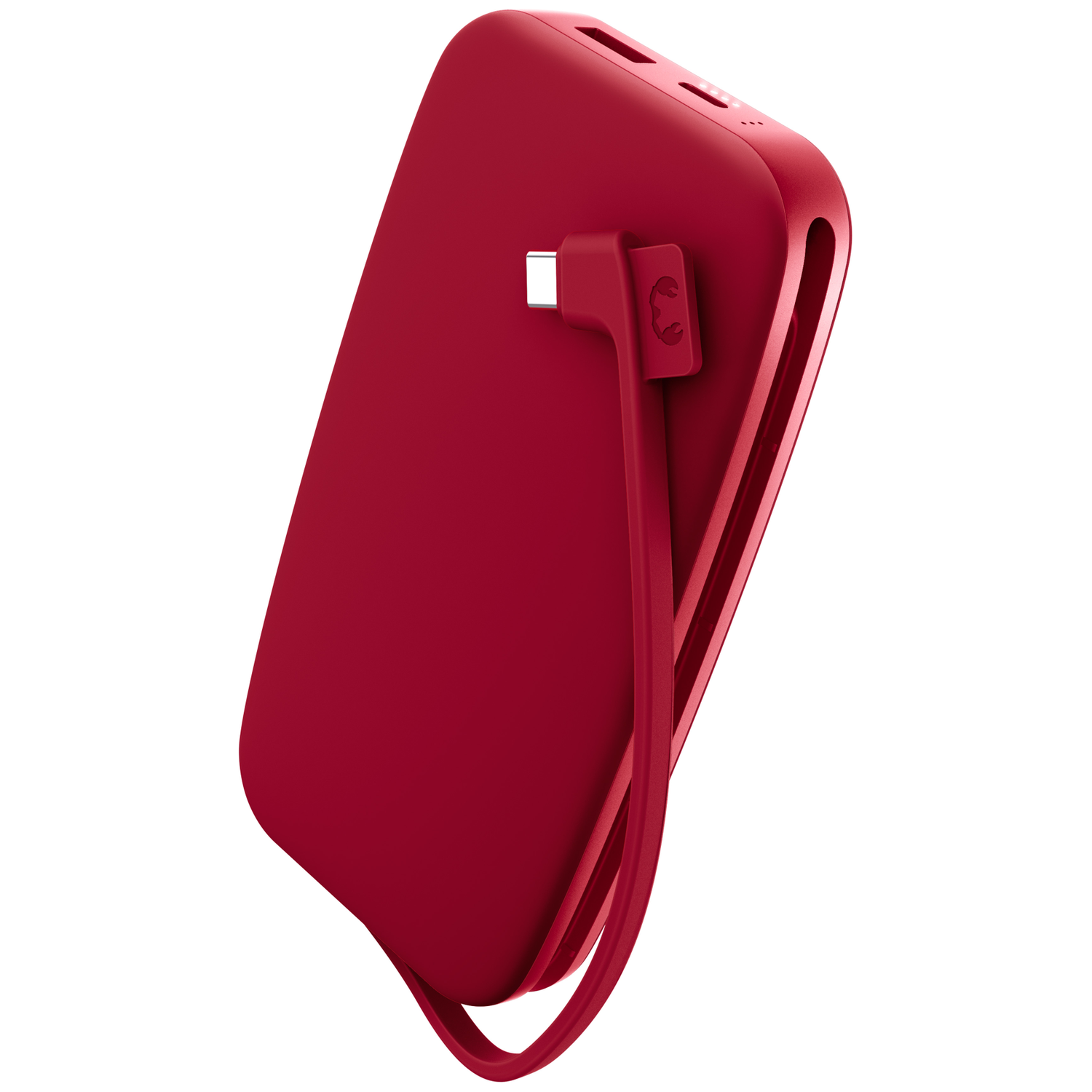 Une batterie externe rouge avec un câble de charge intégré en vue verticale sur fond blanc.