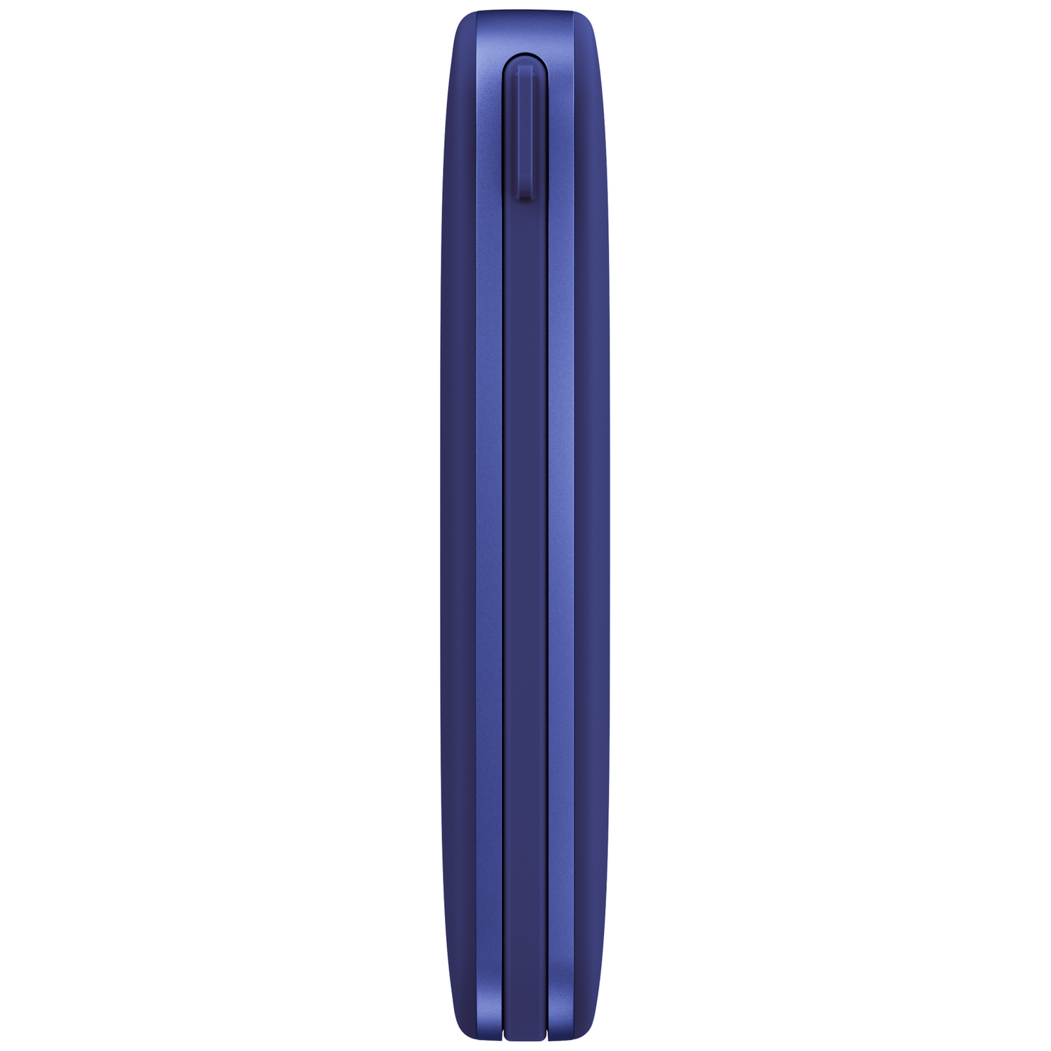 Vue latérale d'un appareil électronique fin bleu foncé avec des bords arrondis et un bouton vertical.