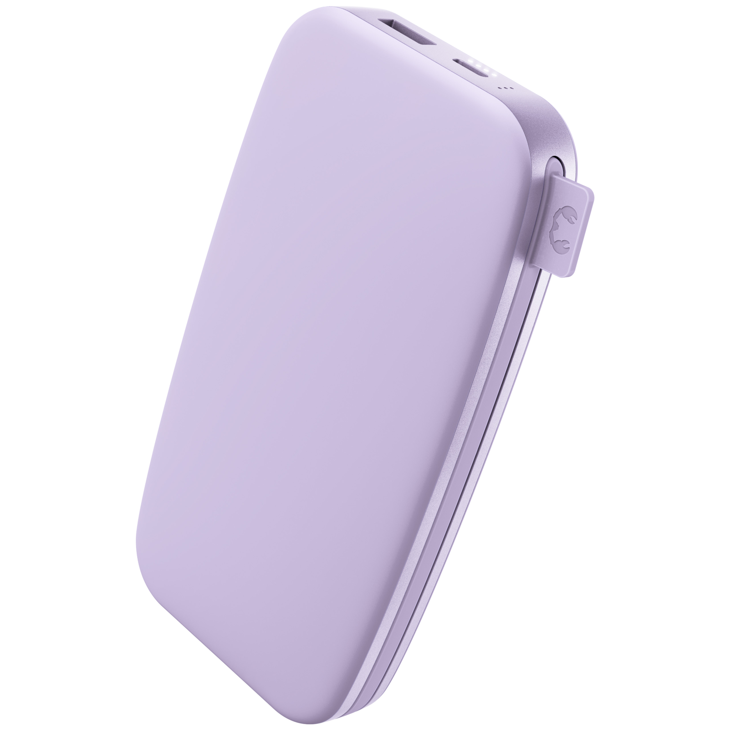 Une batterie externe violette mate avec des coins arrondis et des ports sur le dessus.