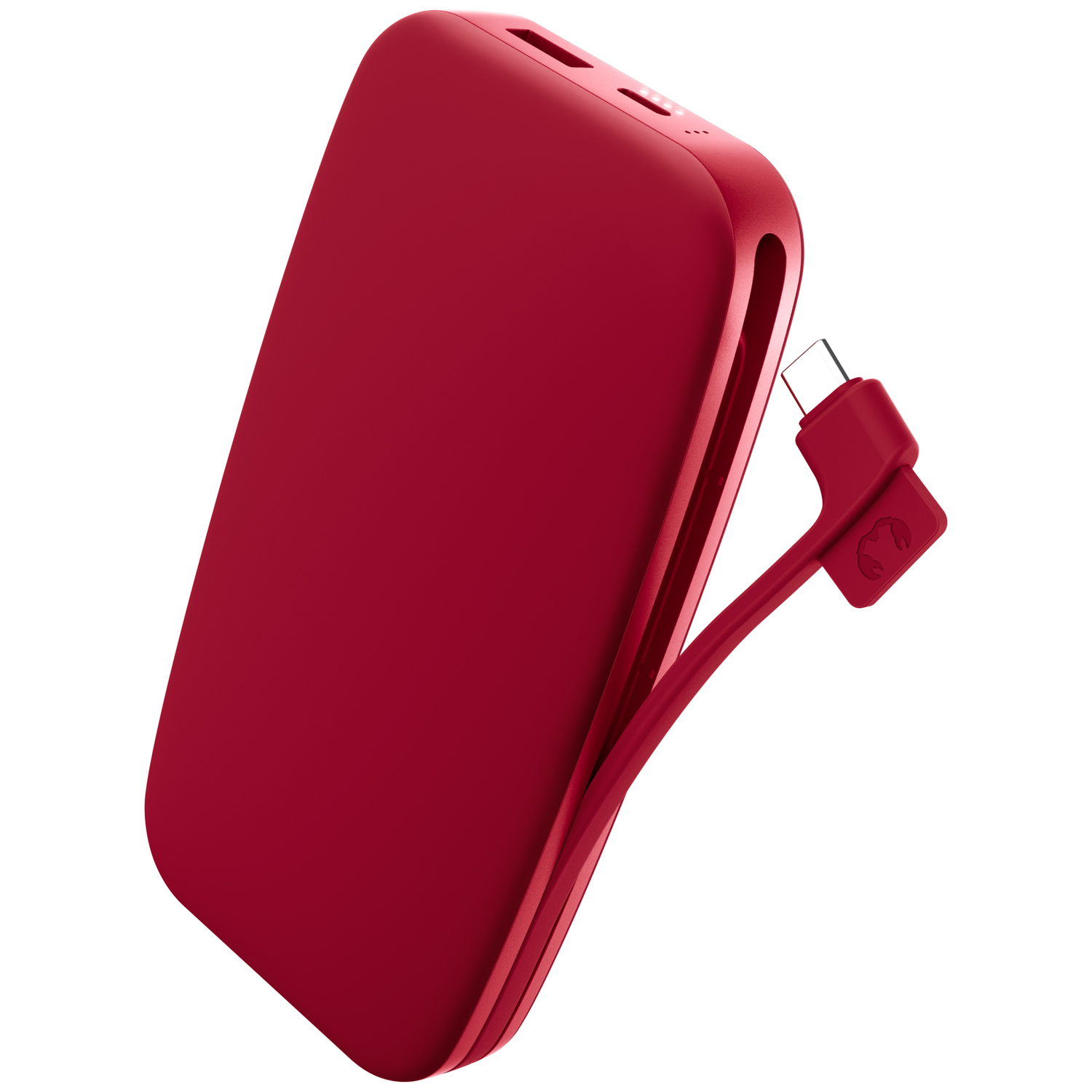 Une batterie externe rouge avec câble de charge intégré et coins arrondis sur fond blanc.