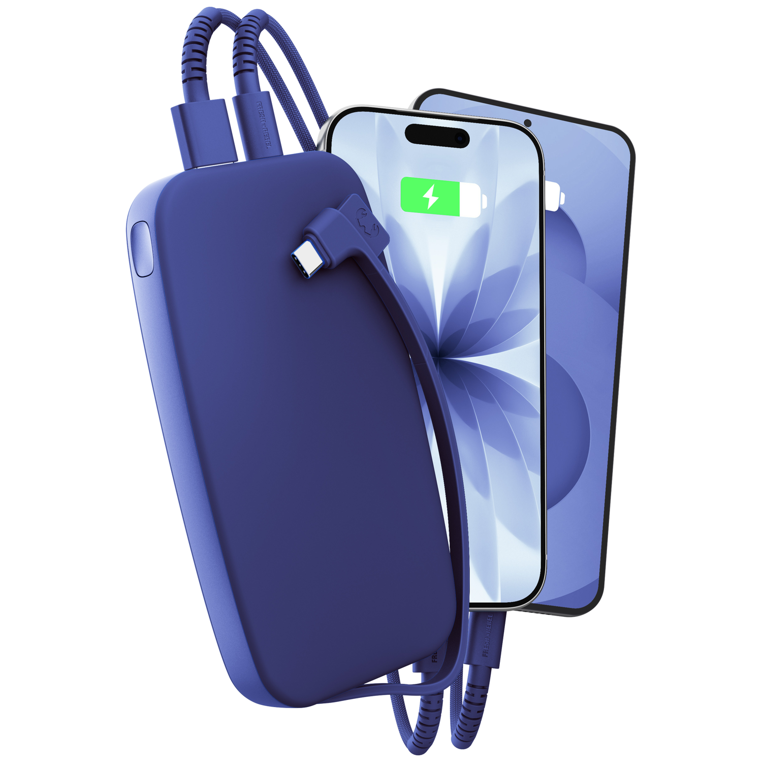 Une batterie externe bleue charge deux smartphones avec des câbles.
