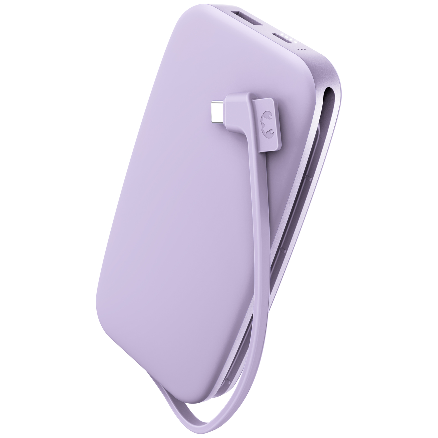 Une batterie externe violette mate avec câble de chargement intégré et coins arrondis sur fond blanc.