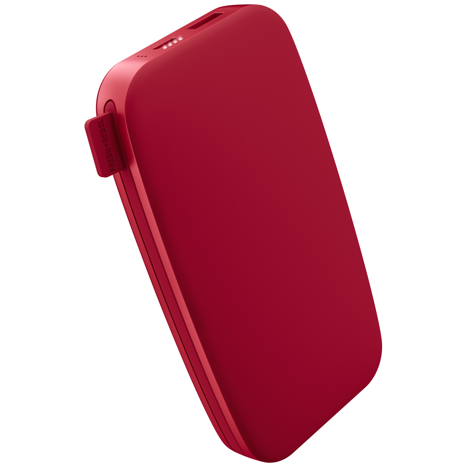 Une batterie externe rouge aux bords arrondis et une petite étiquette logo sur le côté sur fond blanc.