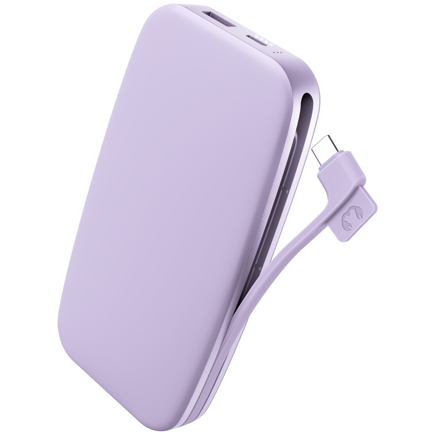 Une batterie externe lavande avec un câble de charge intégré sur fond blanc.