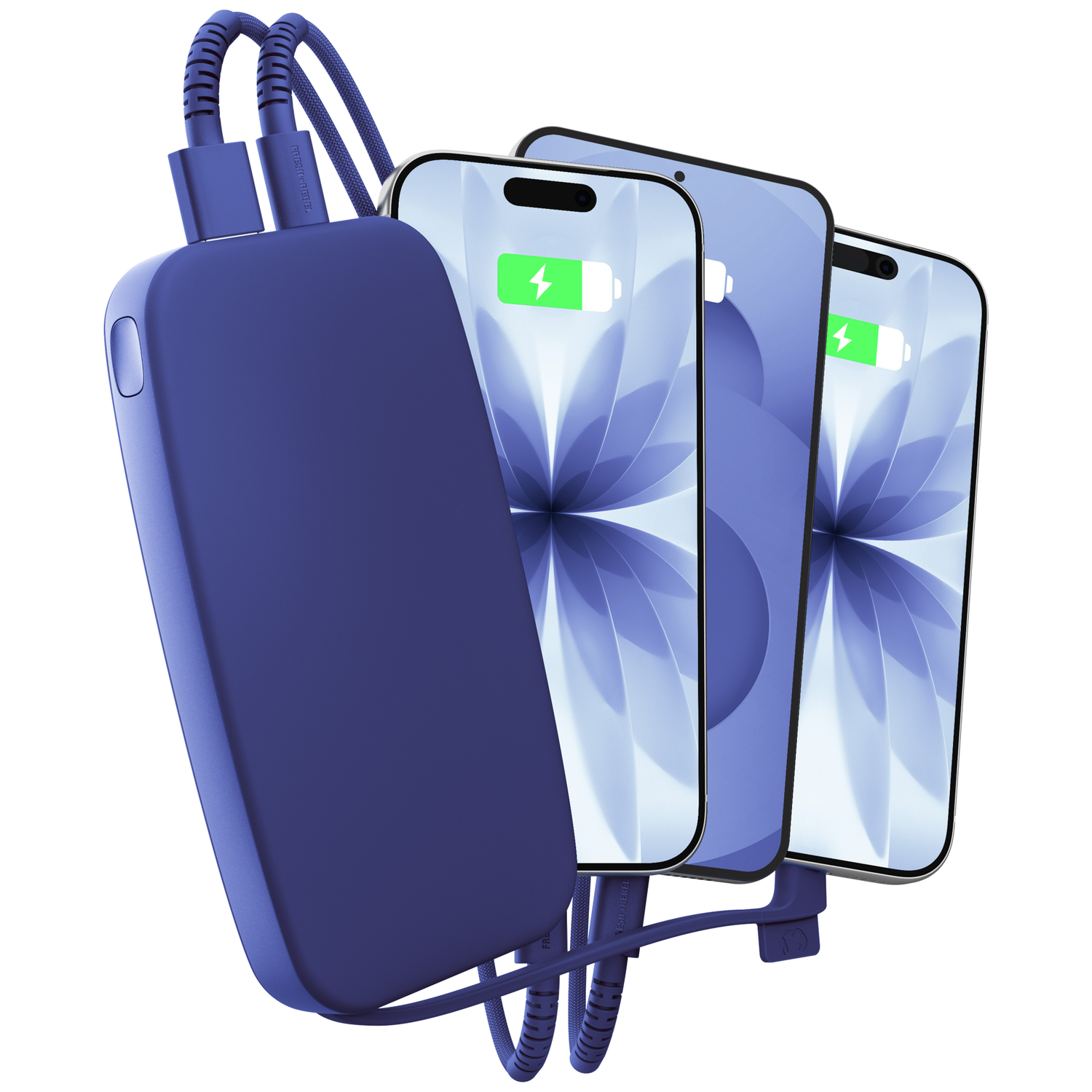 Batterie externe bleue chargeant trois smartphones avec icône verte.