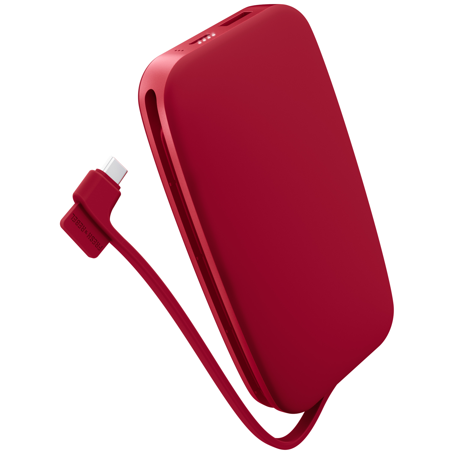 Batterie externe rouge avec câble de chargement intégré et port sur fond blanc.