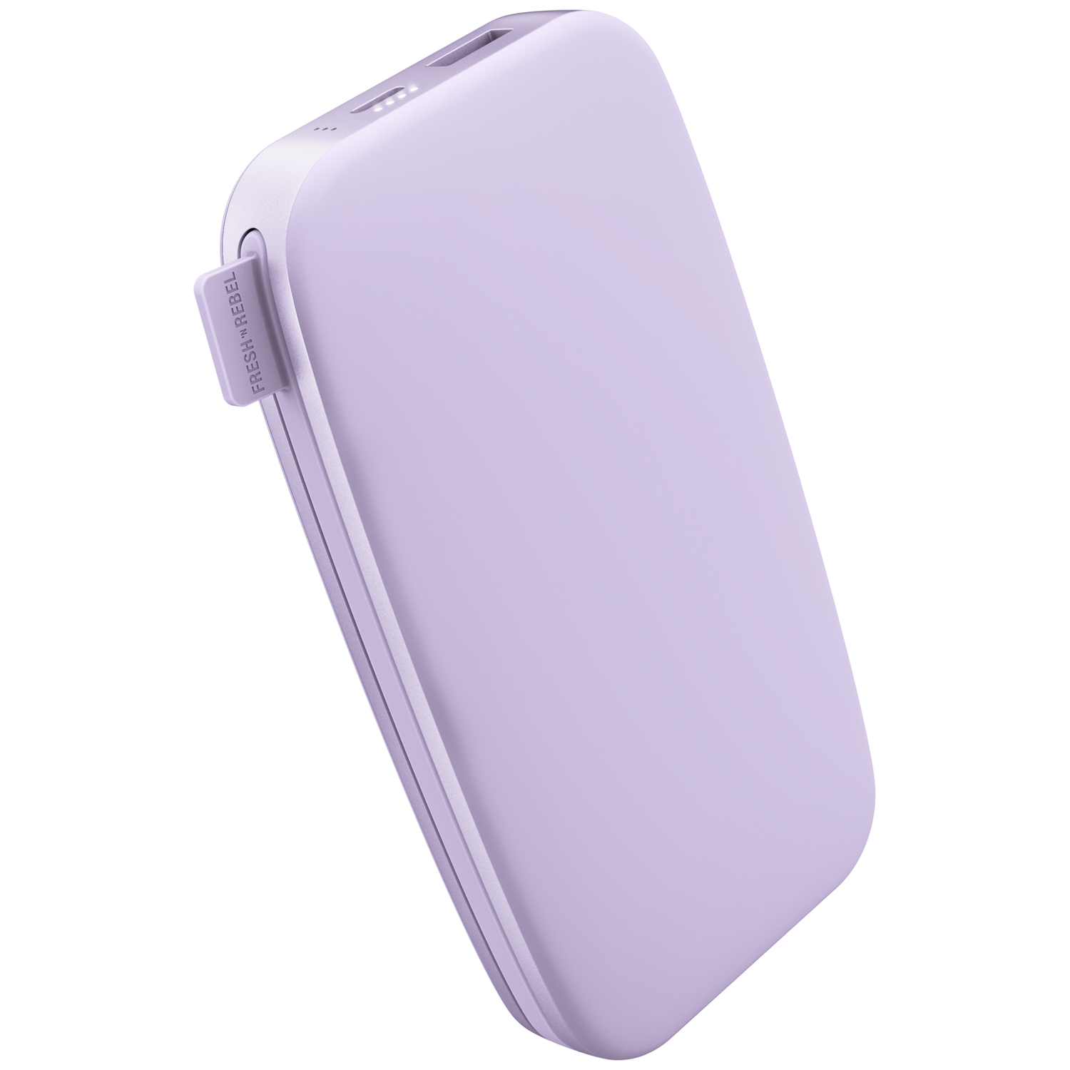 Une batterie externe lilas clair et compacte avec une étiquette latérale et des ports USB sur le dessus.