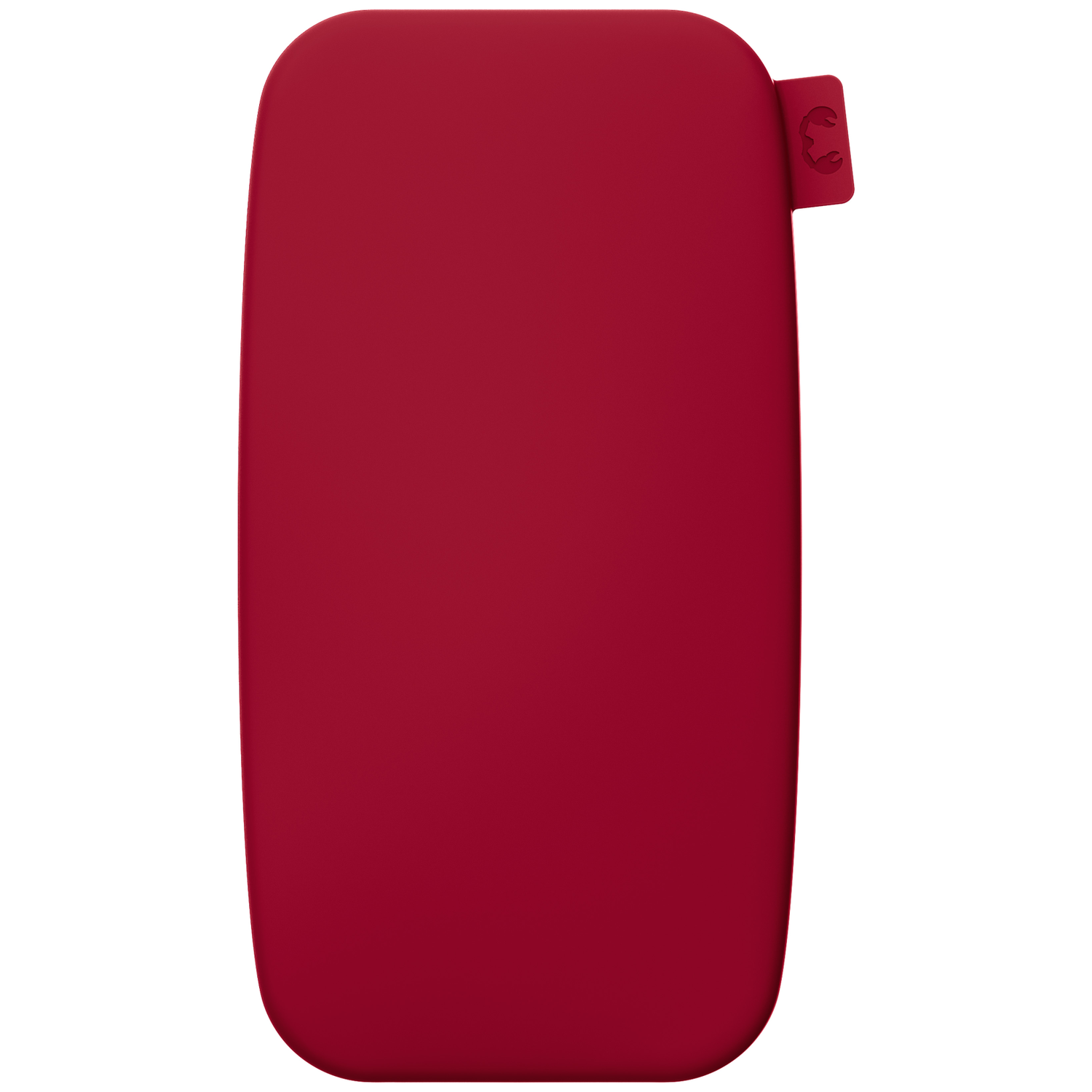 Un étui en silicone rouge allongé avec des coins arrondis et une petite languette.