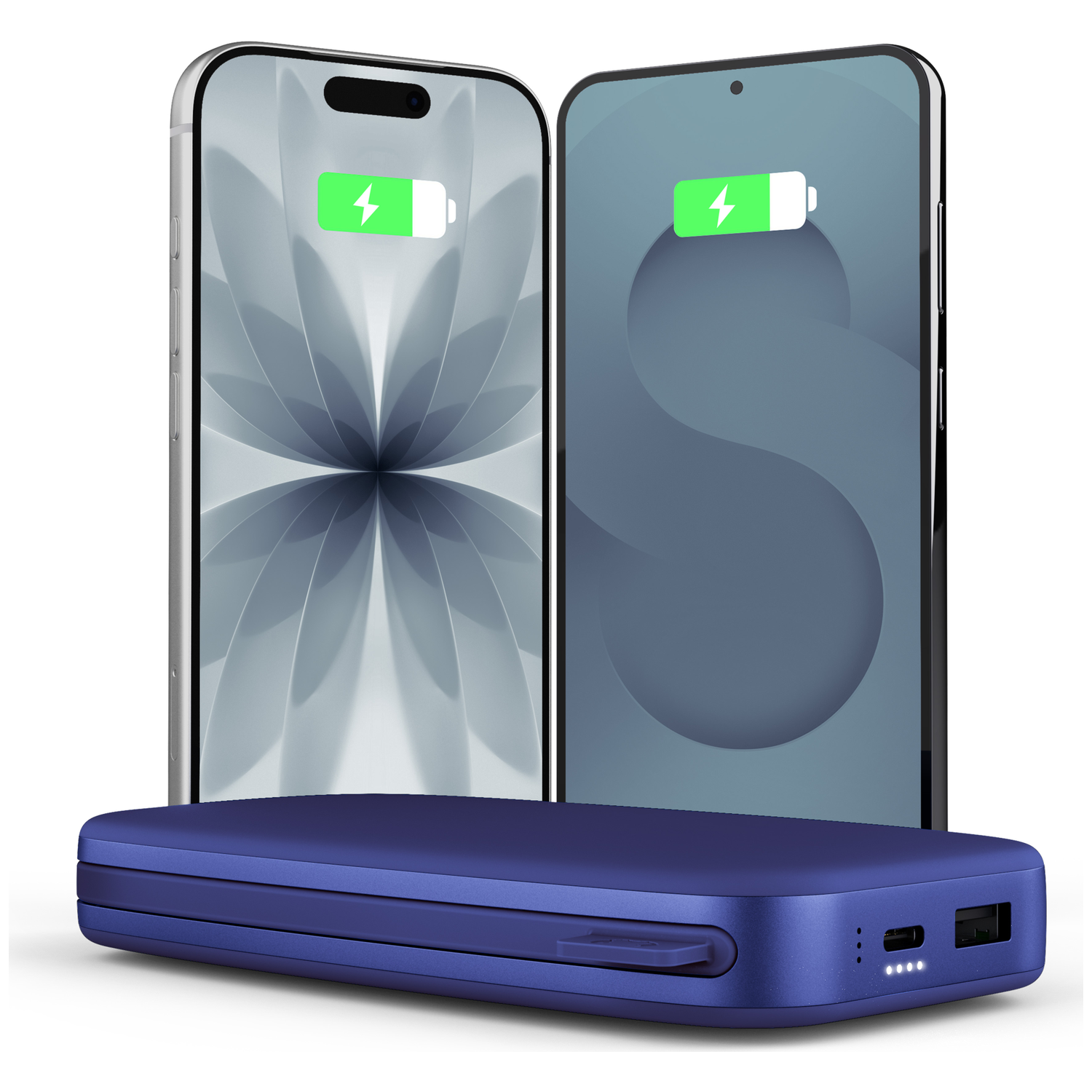Deux smartphones avec une icône de charge derrière une batterie externe.