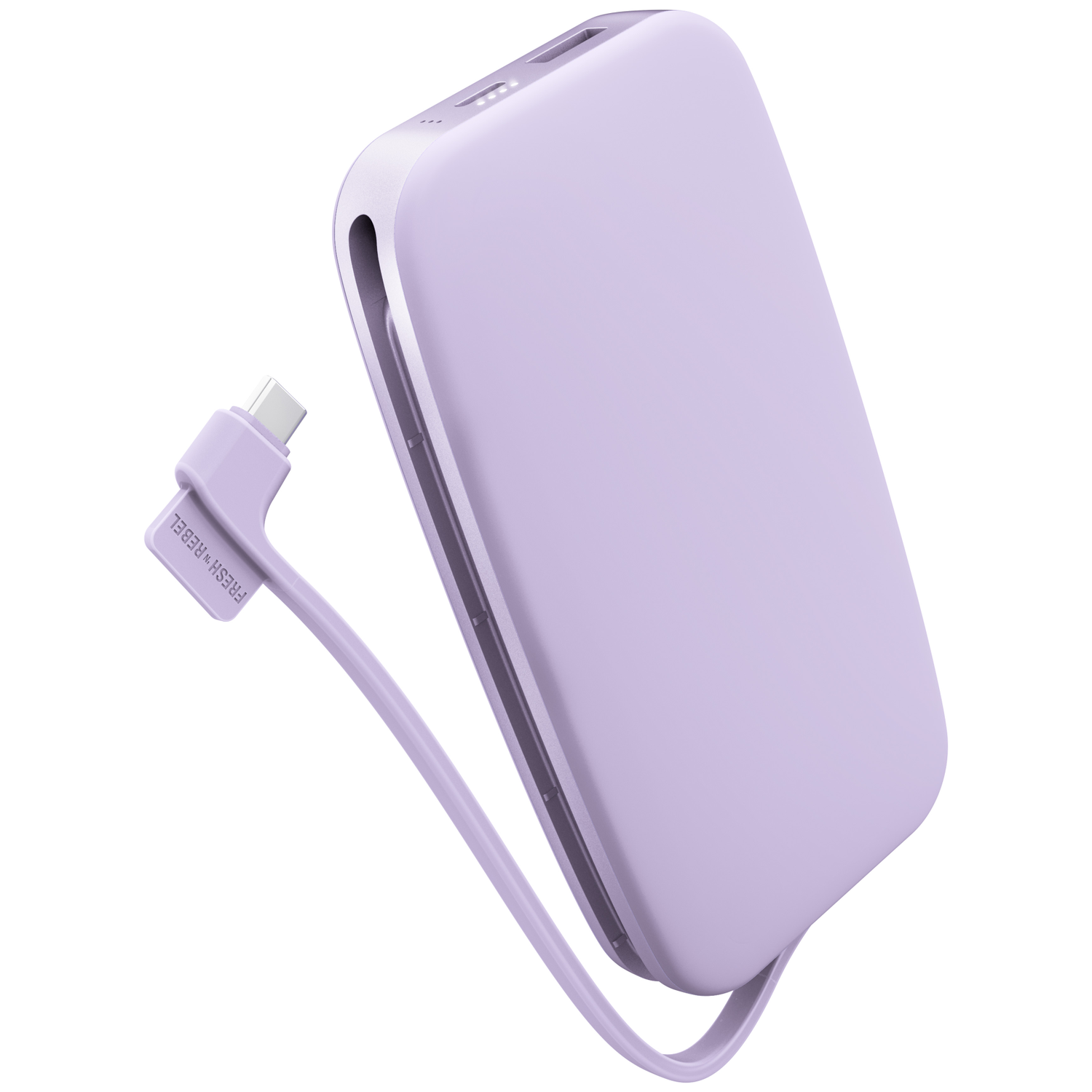 Une batterie externe violet clair avec câble intégré et connecteur USB-C sur fond blanc.