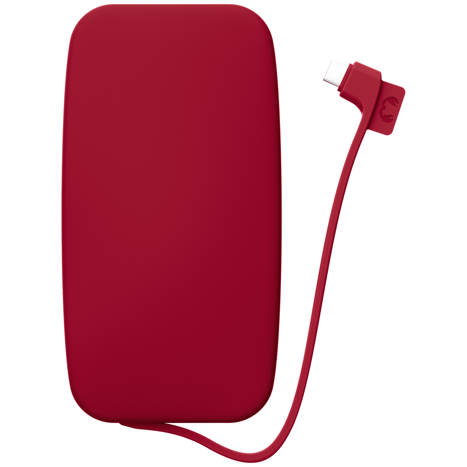 Une batterie externe rouge aux coins arrondis avec un câble USB-C rouge attaché sur fond blanc.