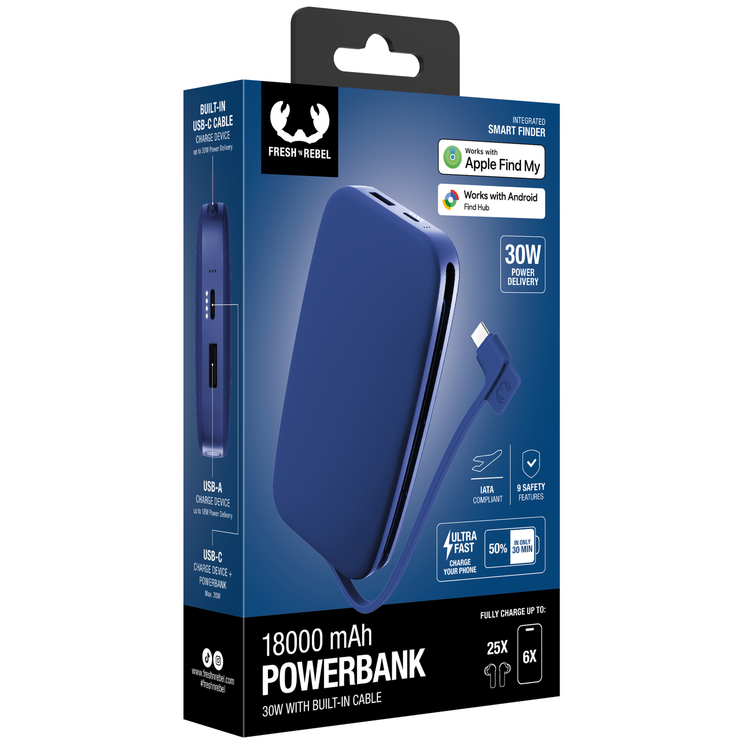 Emballage pour une batterie externe bleue Fresh 'n Rebel 18000 mAh avec câble USB-C intégré et 30 W.