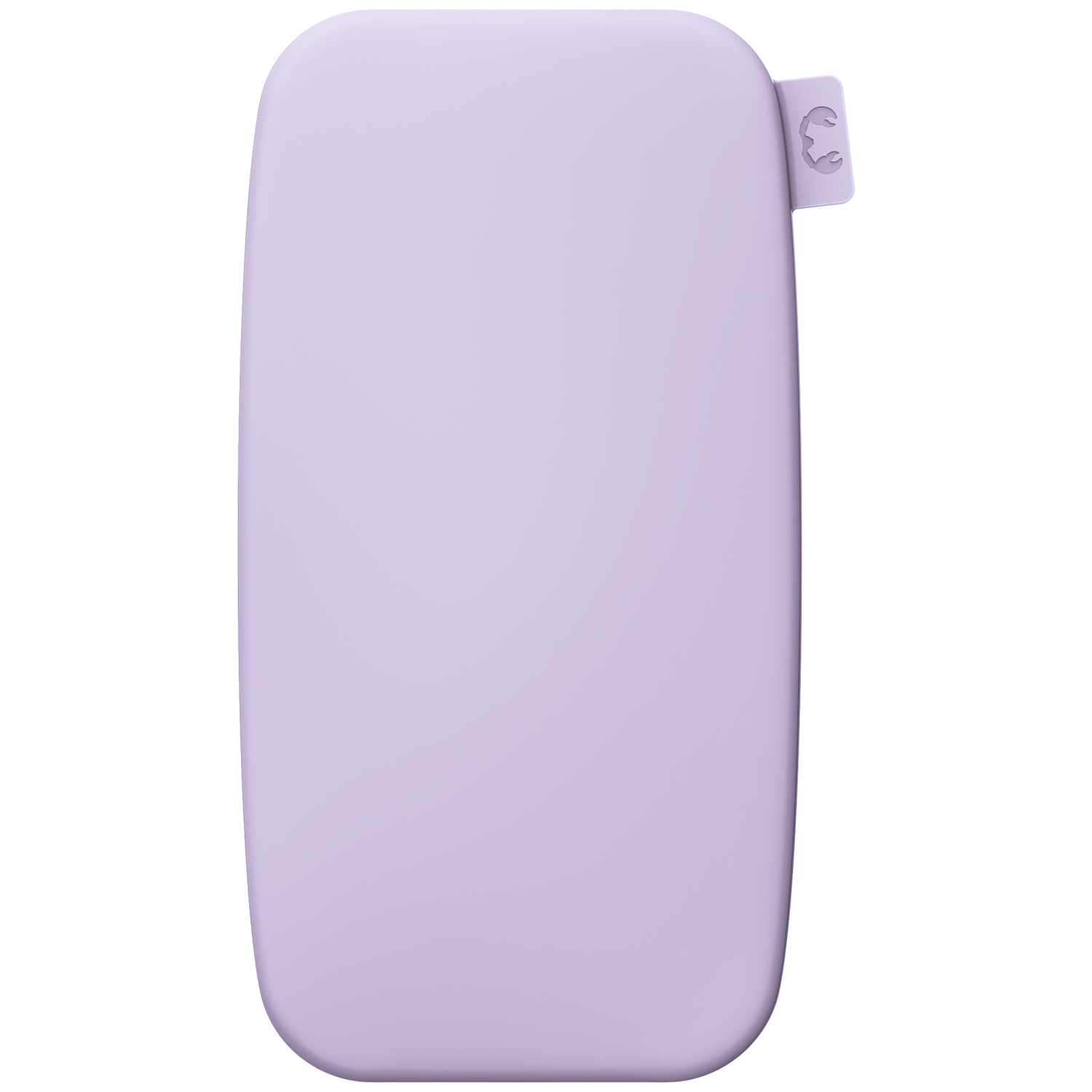 Un étui en silicone violet clair lisse aux coins arrondis, avec une petite languette affichant une icône de crabe.