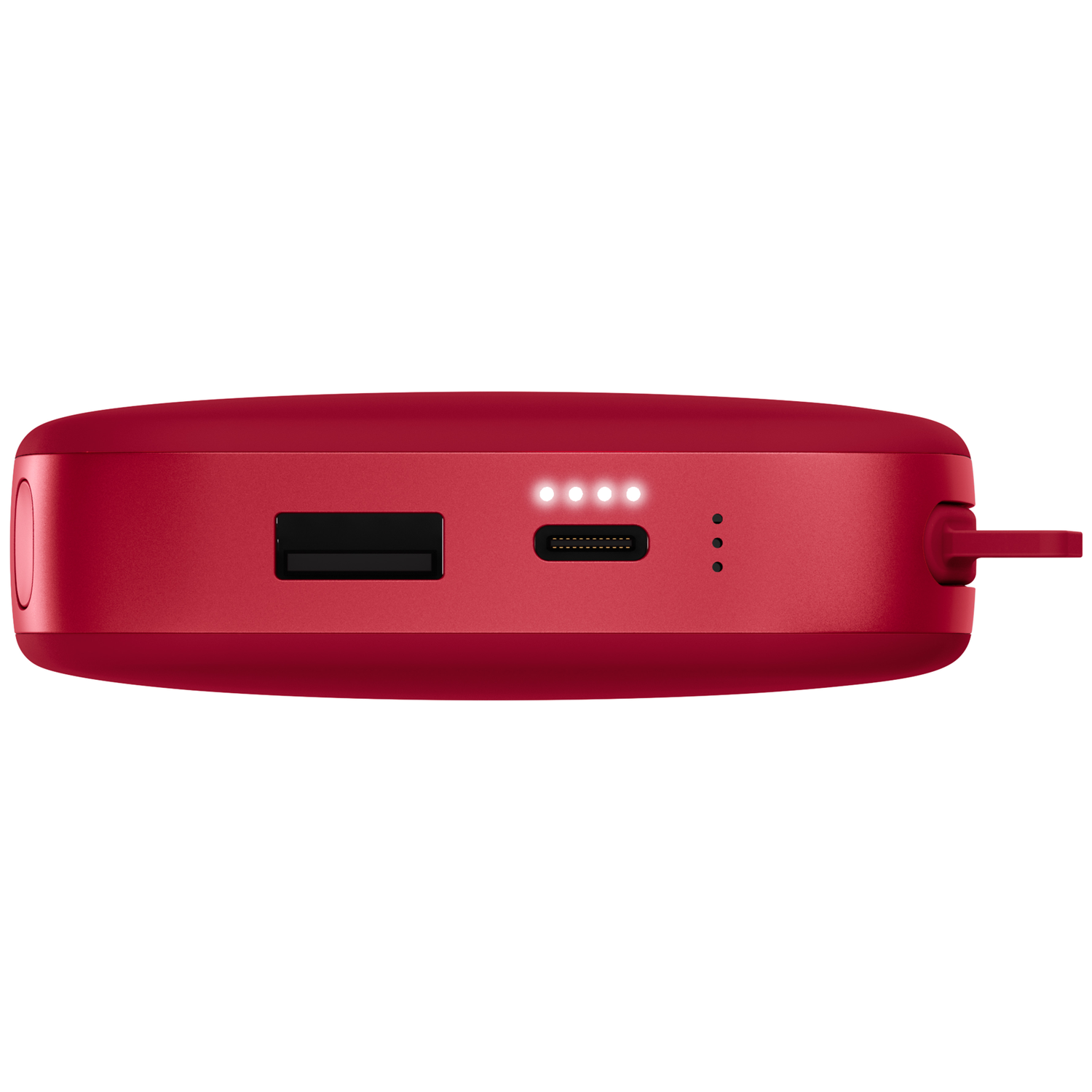 Batterie externe rouge avec ports USB-A et USB-C, et quatre voyants de charge éclairés.
