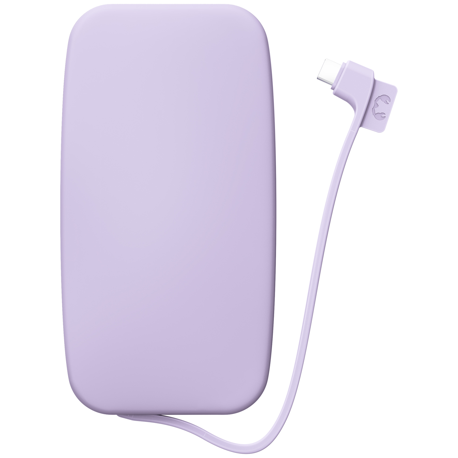 Une batterie externe mauve clair avec un câble USB-C assorti sortant du bas et se courbant vers le haut.