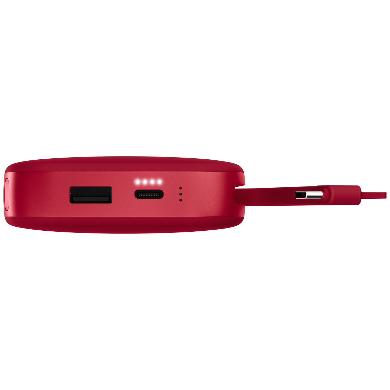 Batterie externe rouge avec ports USB, quatre voyants LED et câble de charge intégré sur fond blanc.