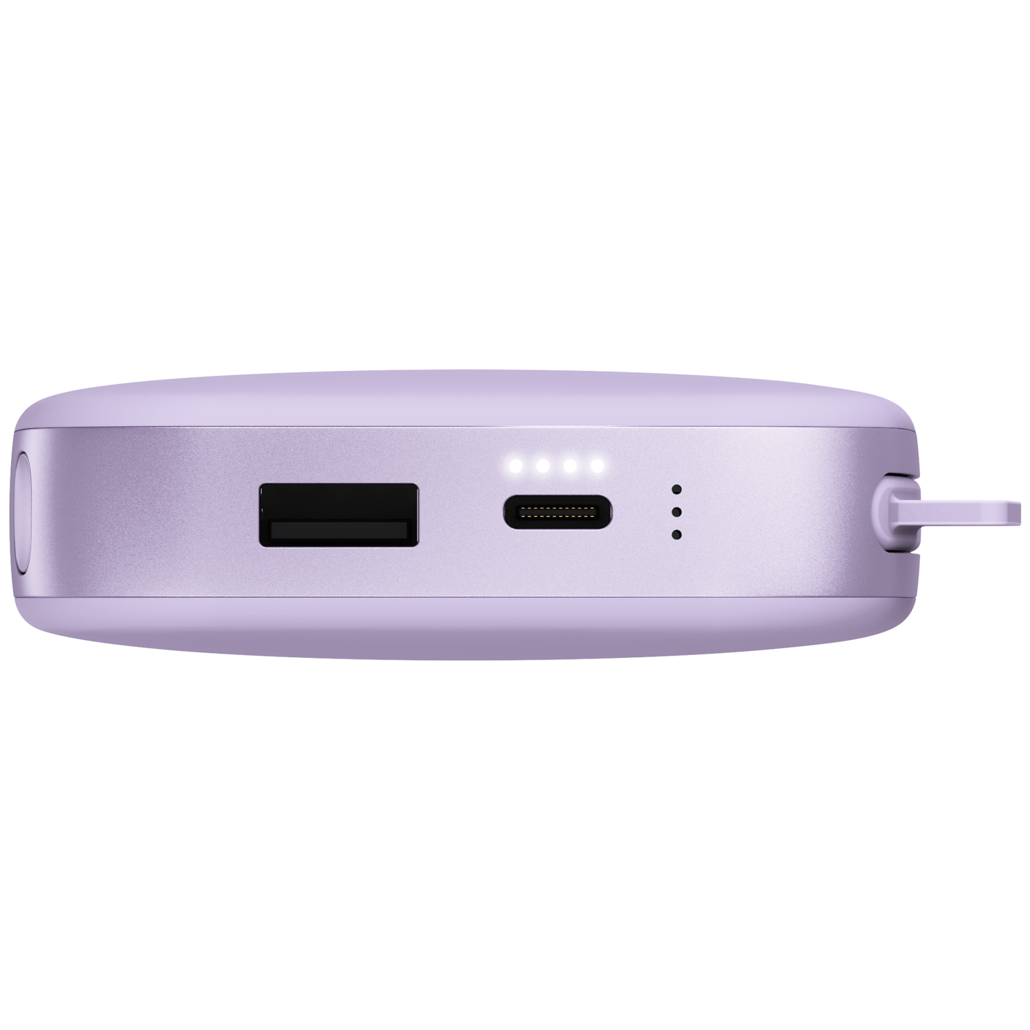 Une batterie externe lavande avec des ports USB-A et USB-C, quatre voyants LED blancs et une petite lanière.
