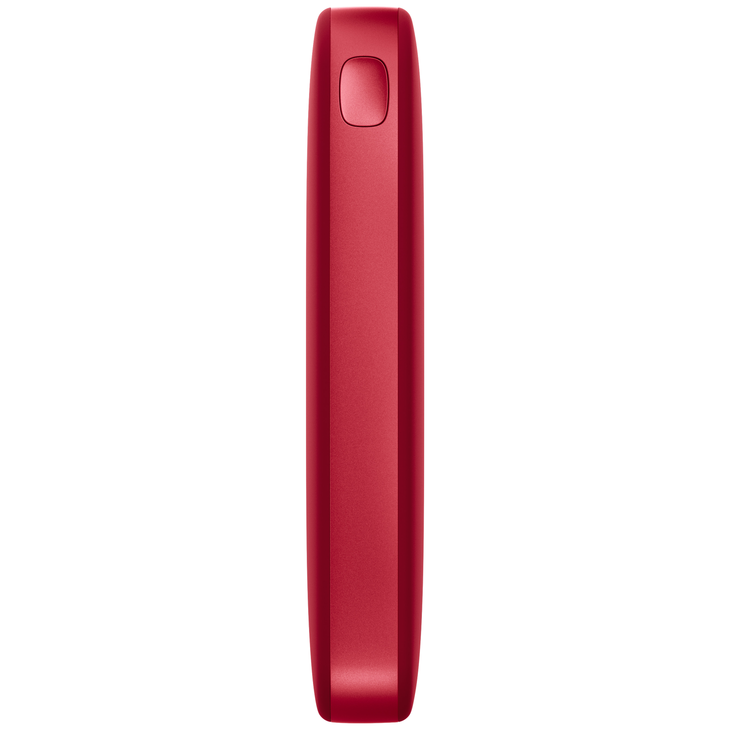 Un appareil électronique rouge et élégant doté d'un bouton de commande arrondi sur fond blanc.