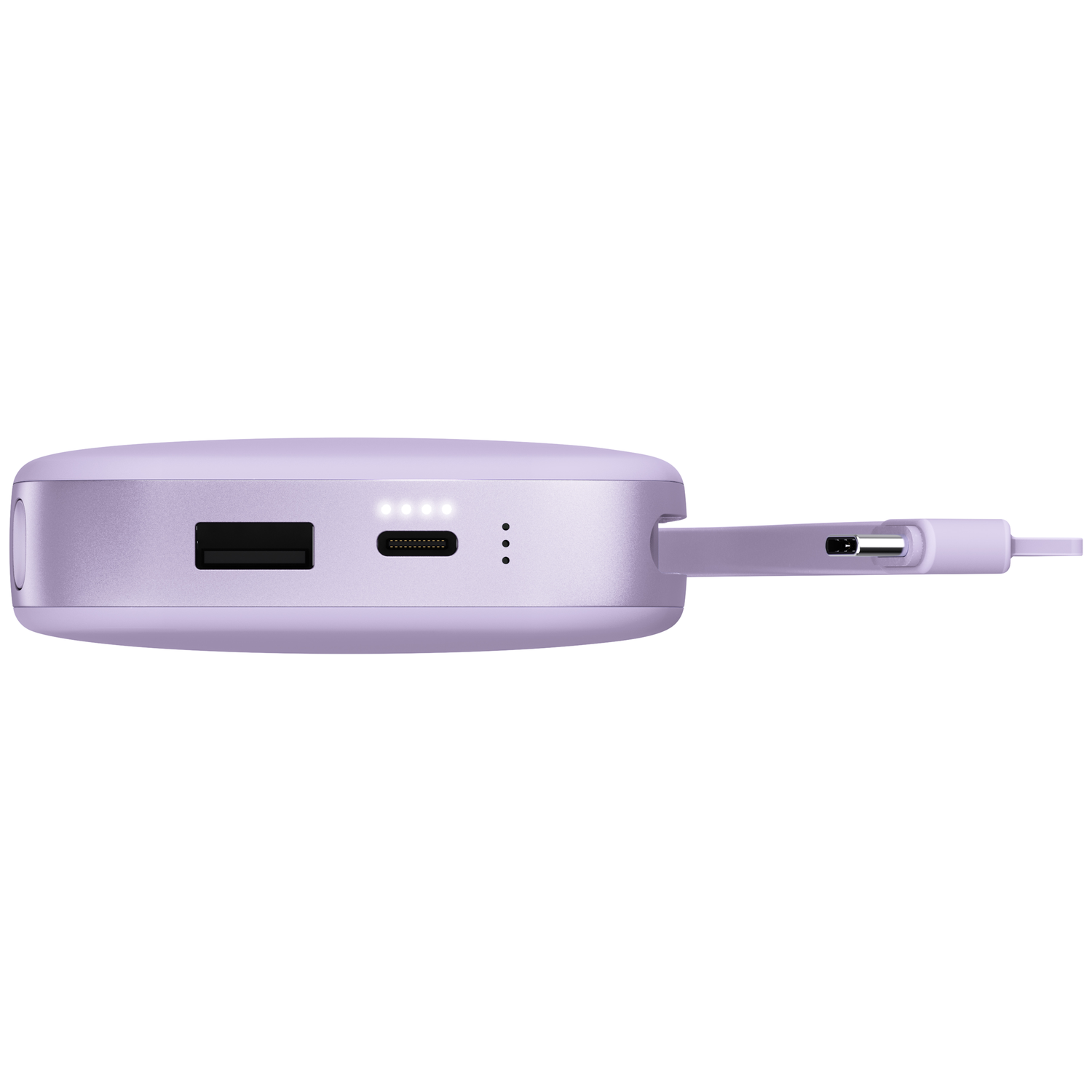Batterie externe violette avec port USB, port USB-C, voyants lumineux et câble USB-C attaché.