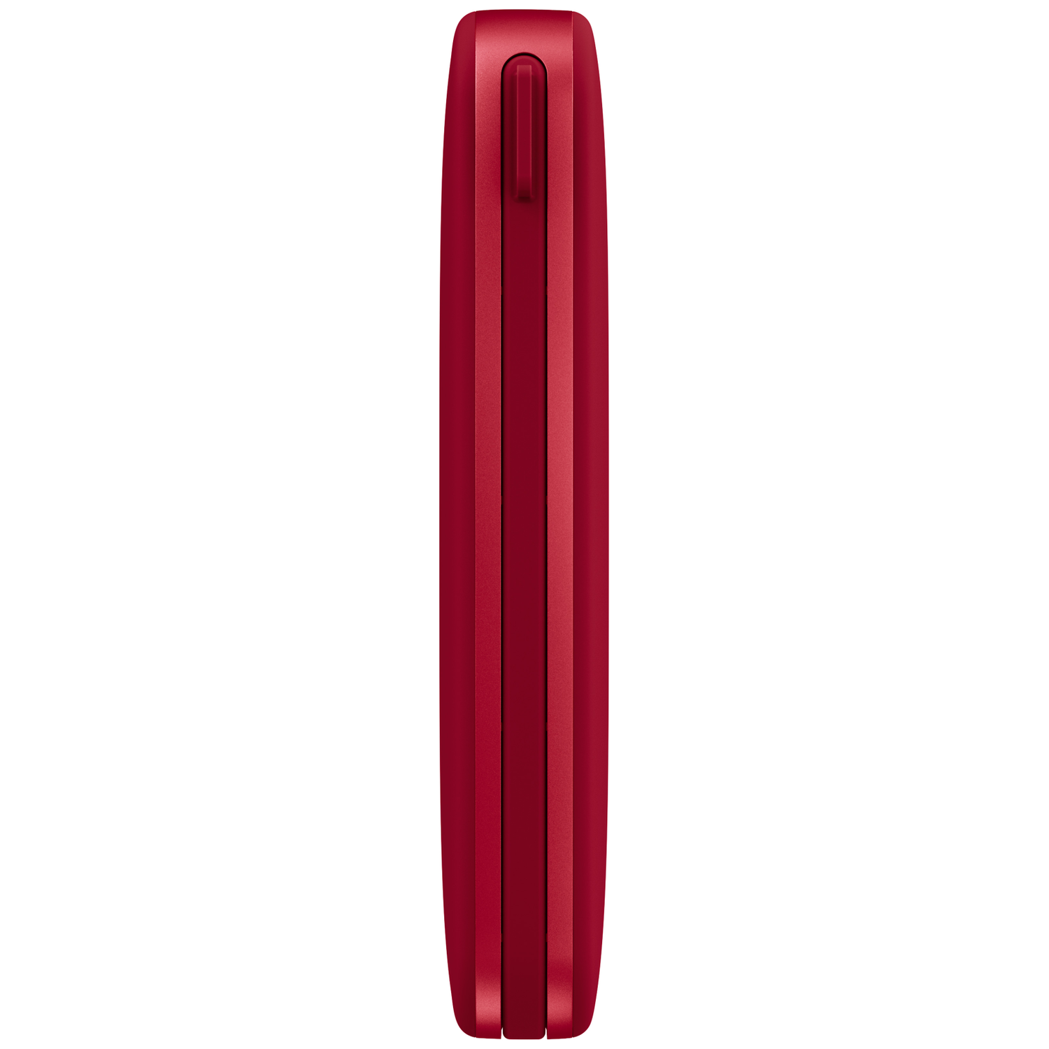 Vue latérale d'un appareil électronique rouge avec un bouton central sur fond blanc.
