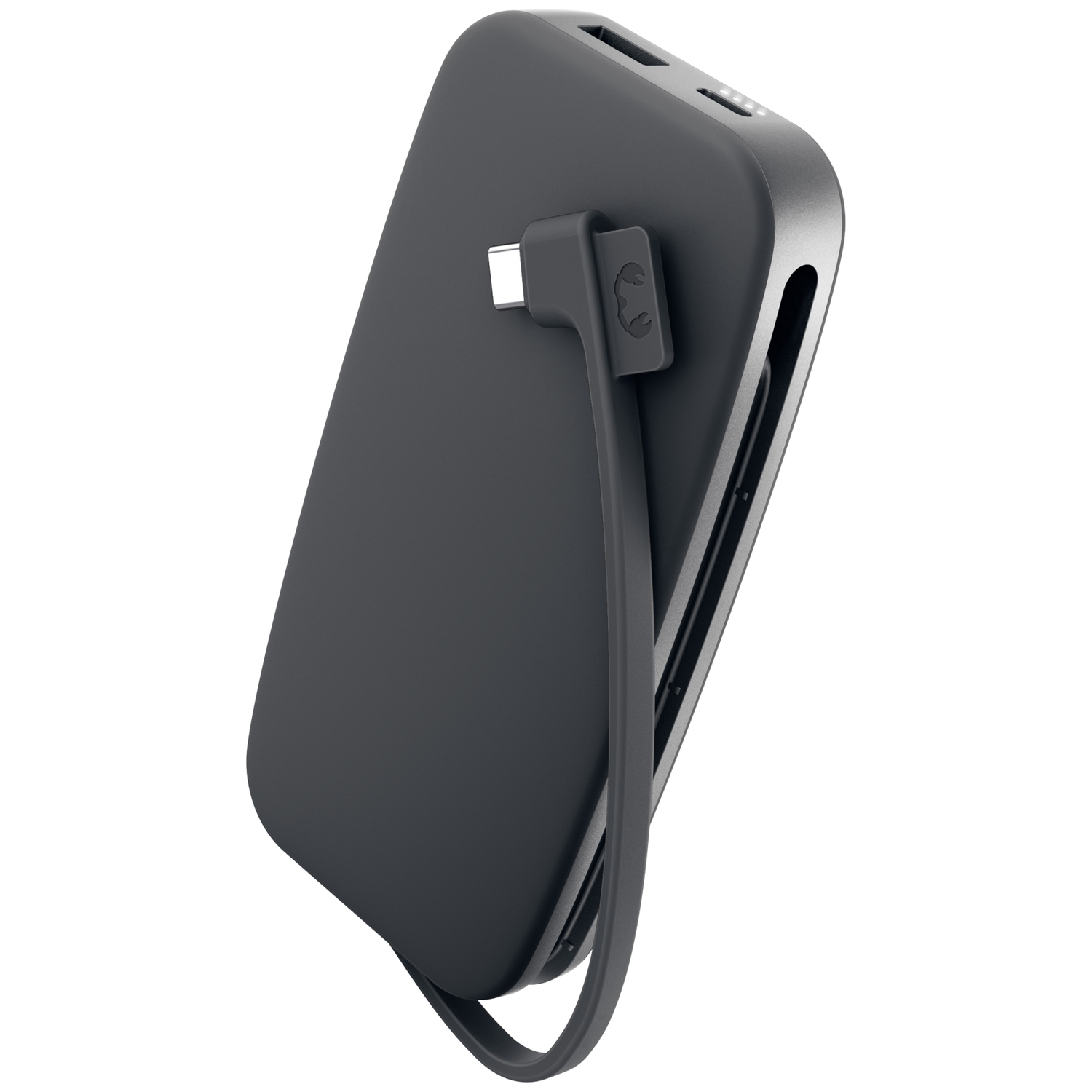 Une batterie externe noire avec câble intégré et port USB sur fond blanc.