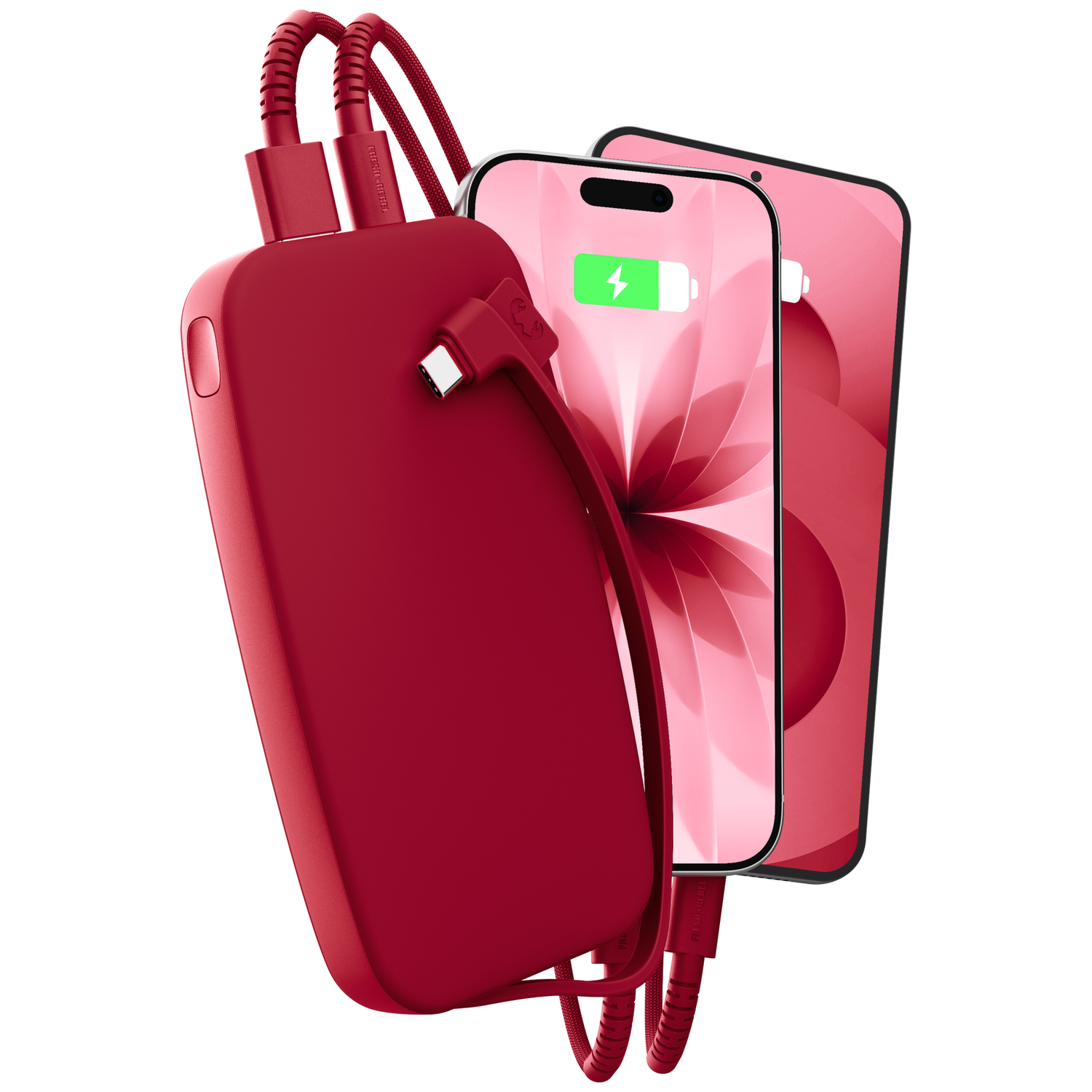 Batterie externe rouge rechargeant deux smartphones avec câbles.