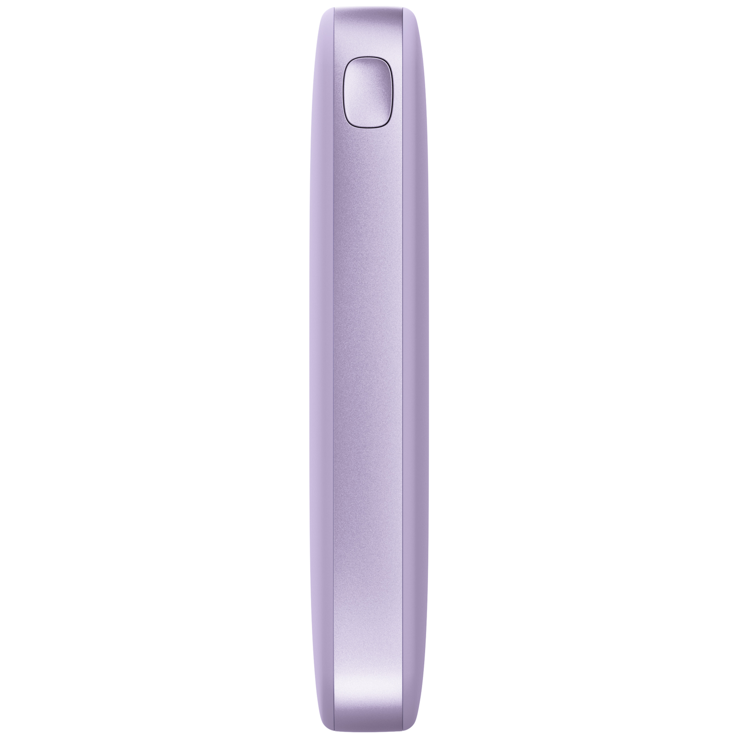 Un appareil électronique violet élégant aux bords arrondis et un bouton oblong près du haut sur fond blanc.