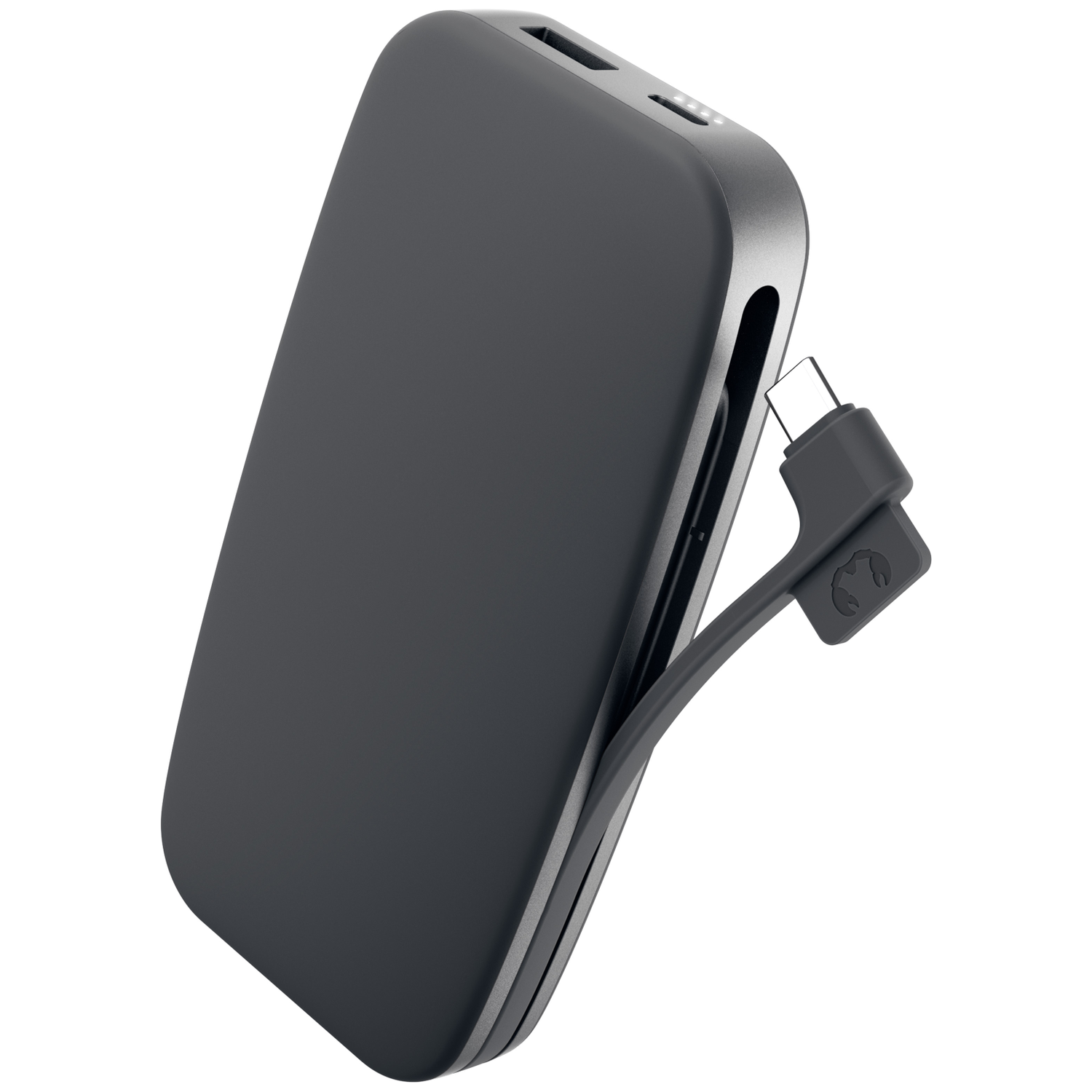Batterie externe noire avec câble de charge intégré et ports USB.