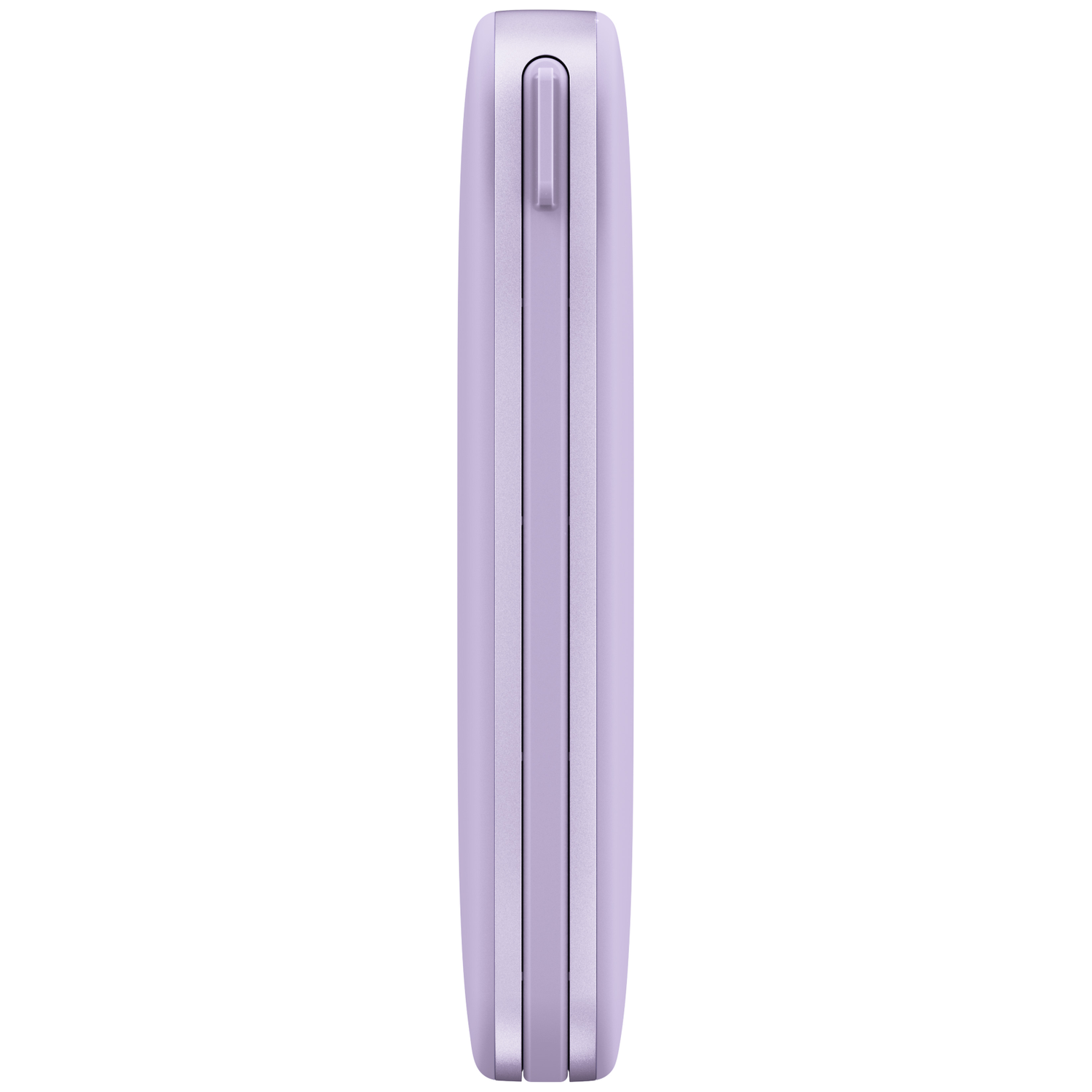 Vue latérale d'un appareil électronique fin et violet avec un interrupteur.