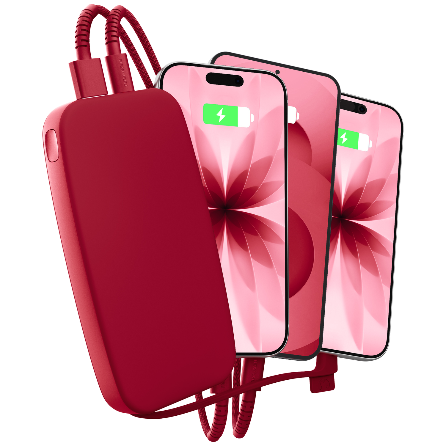 Une batterie externe rouge charge trois smartphones à l'écran rouge et icône de charge.