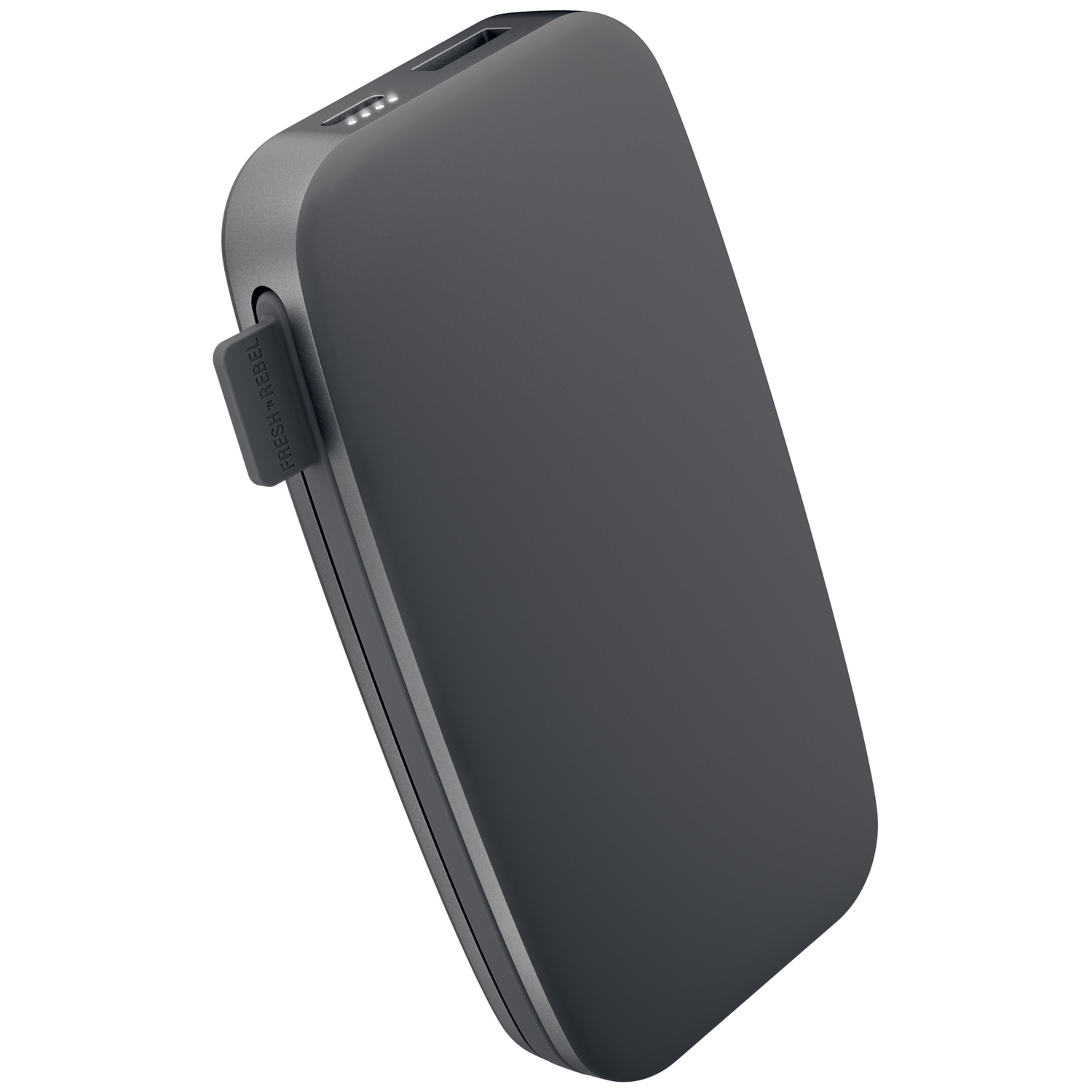 Une batterie externe gris foncé debout sur fond blanc, avec un port USB et des voyants de charge.