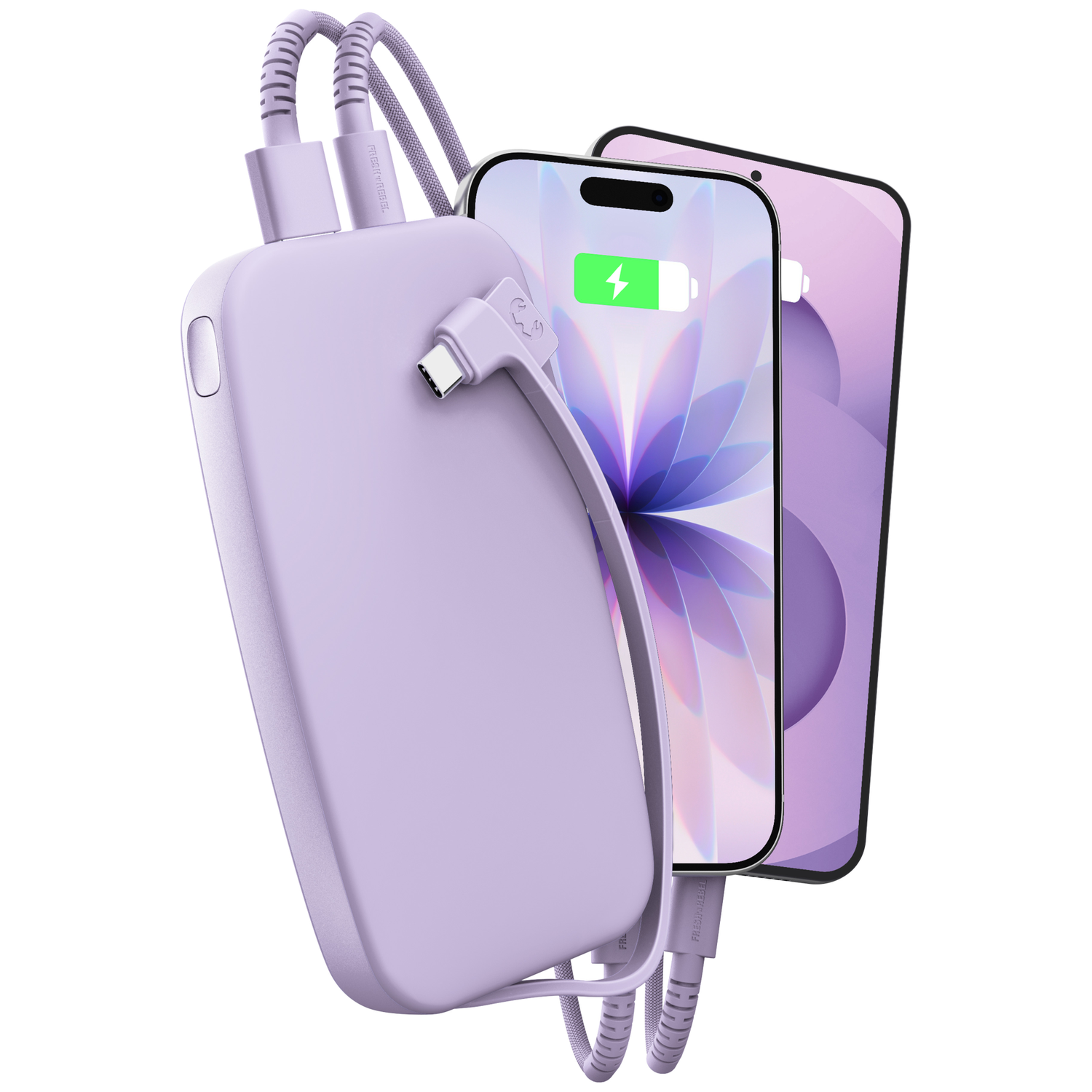 Une batterie externe violette claire connectée à deux smartphones affichant des icônes de charge.
